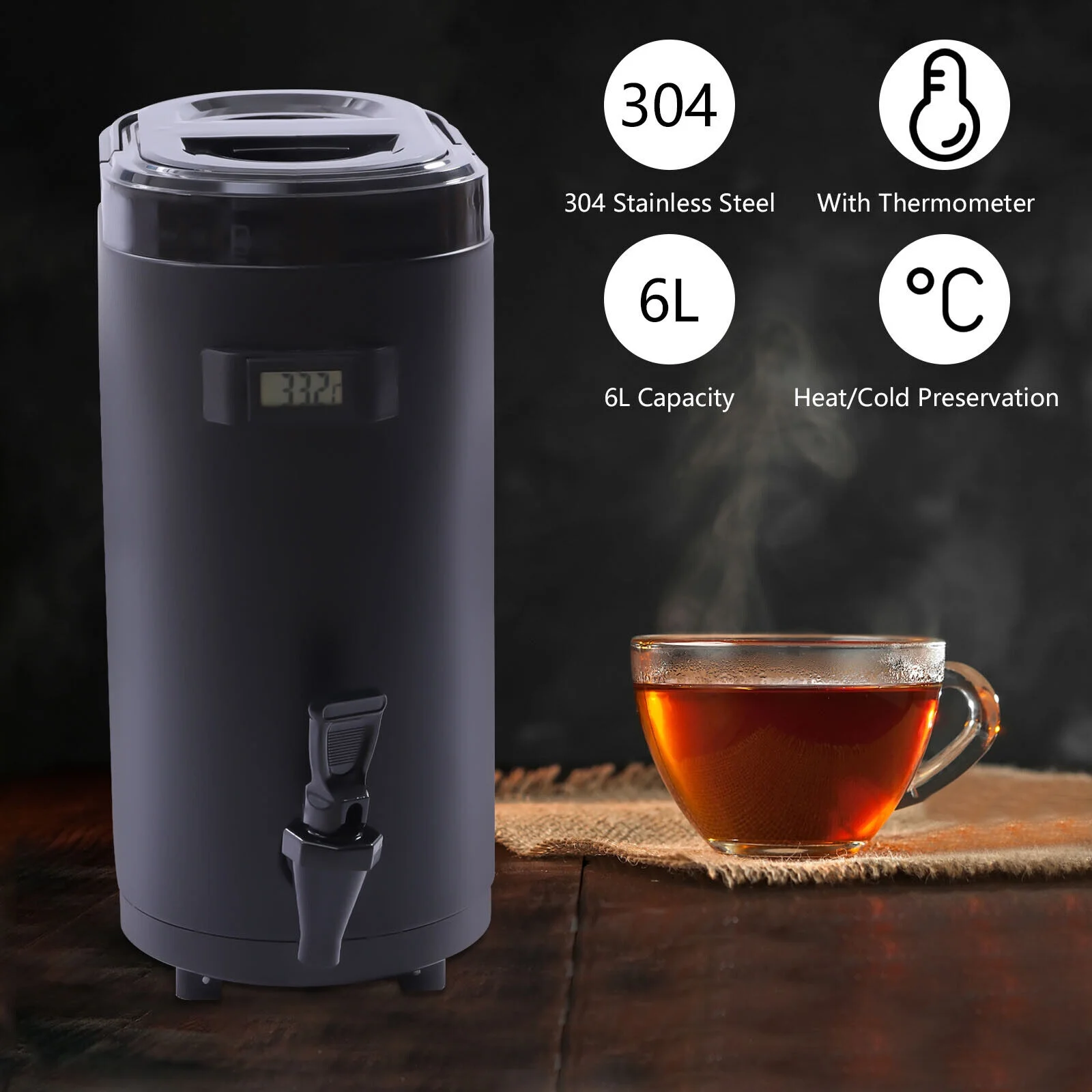Miumaeov 10L Insulated Beverage Dispenser Stainless Thermal Hot&Cold Water Jug Tea Pitcher Drink Dispenser with Thermometer (Black)