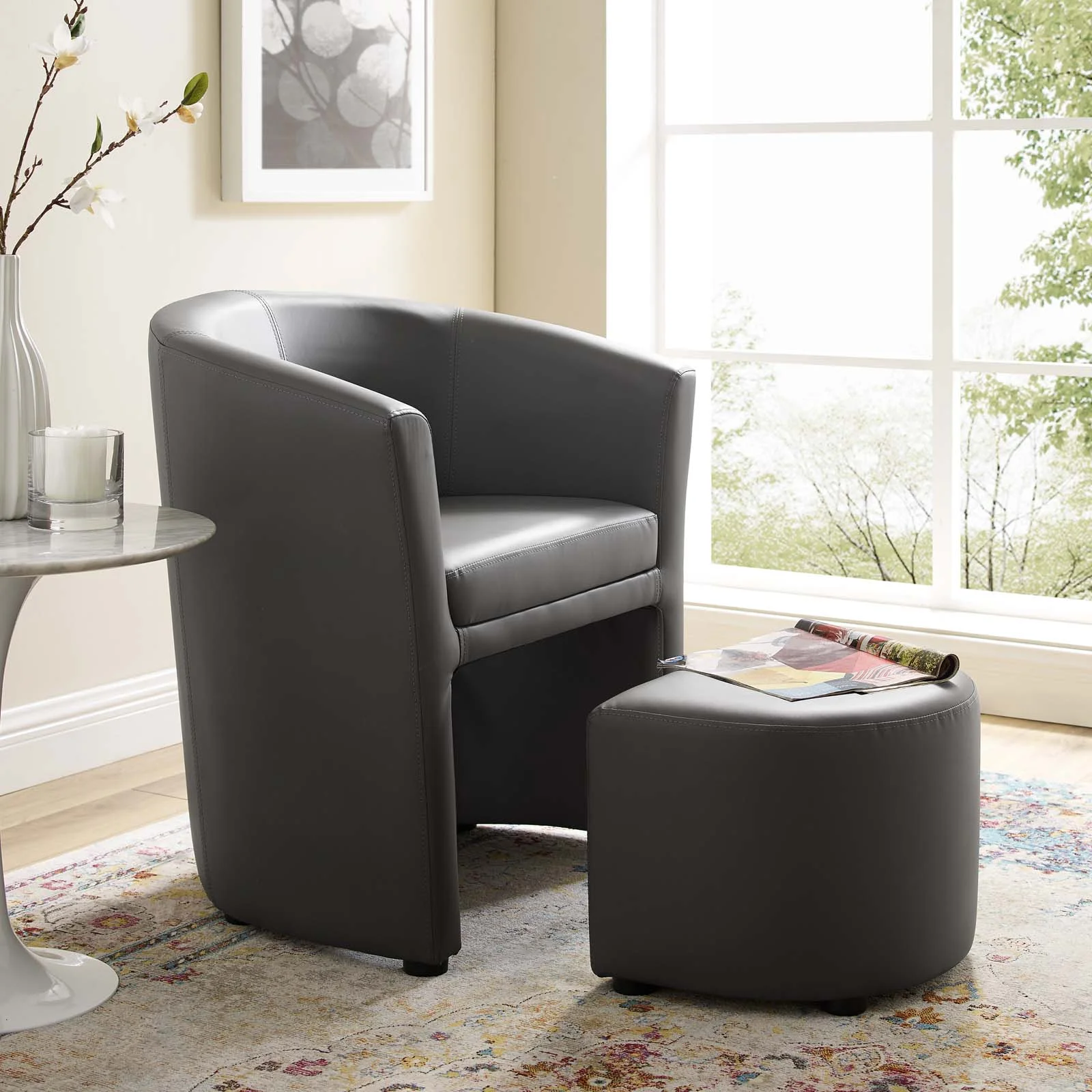 Armchair Accent Chair and Ottoman, Faux Leather, Grey Gray, Modern Contemporary Urban Design, Living Lounge Room Hotel Lobby Hospitality