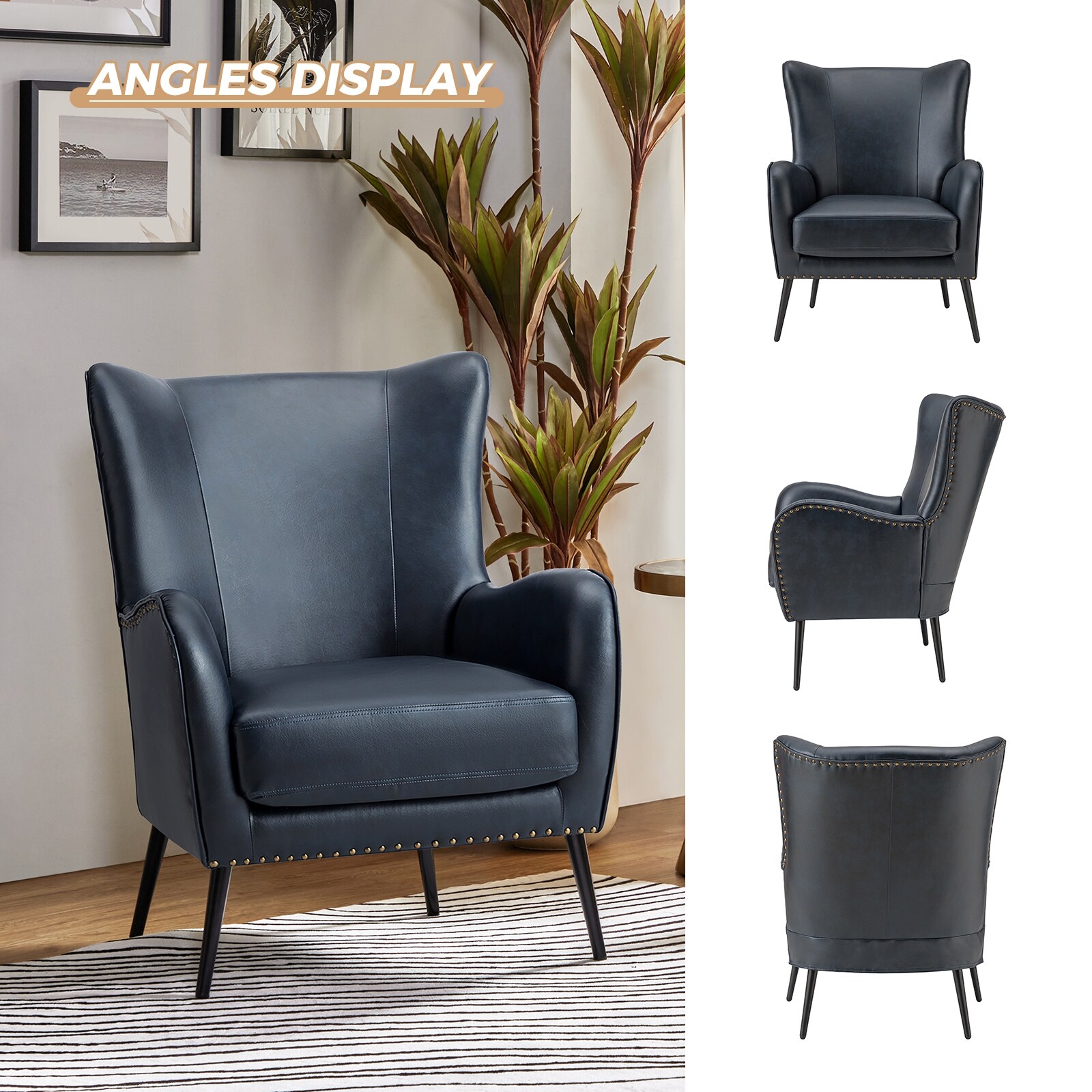 HULALA HOME Invidiae Transitions Modern Leather Wngback Armchair with Metal Legs Set of 2 by  NAVY