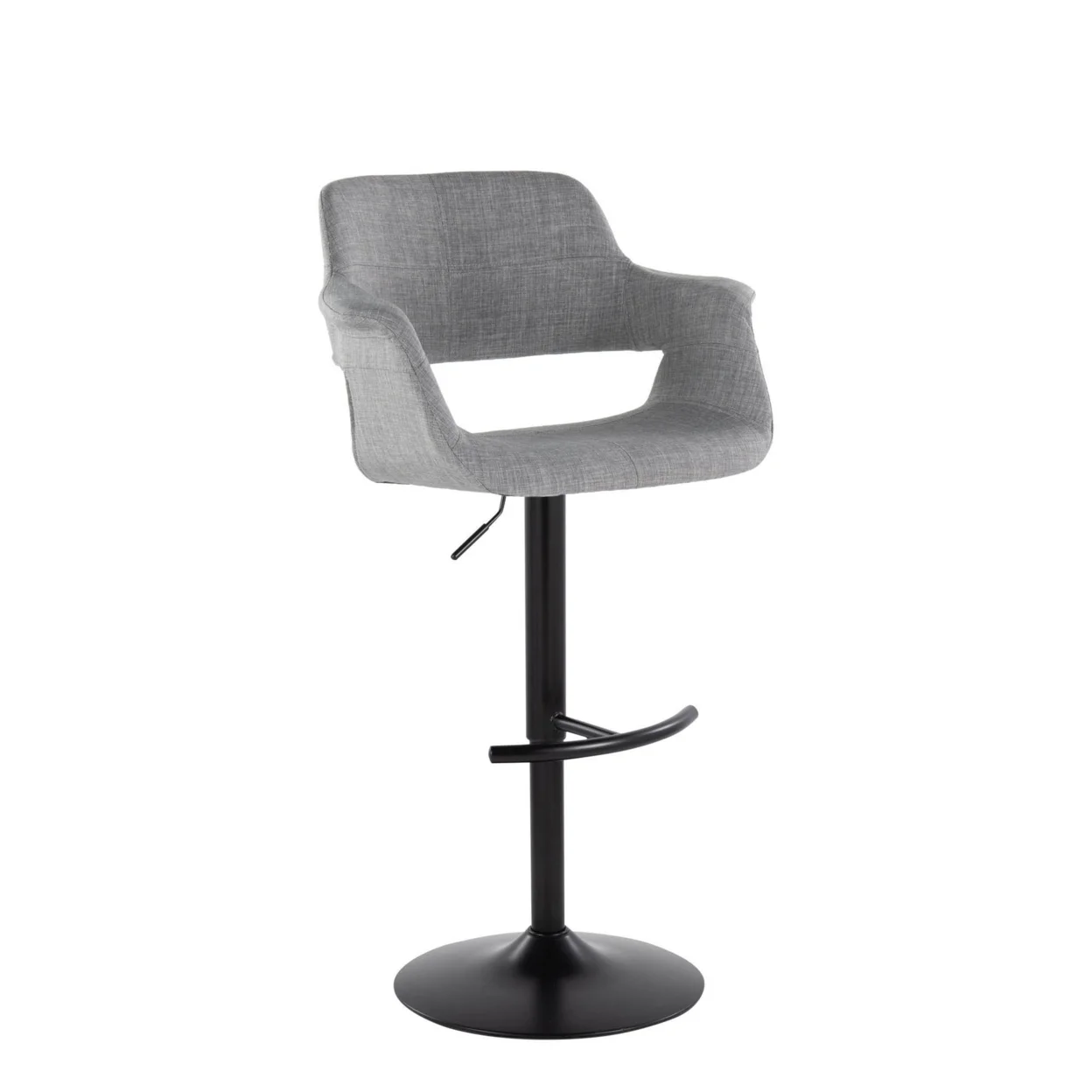 Vintage Flair Mid-Century Modern Adjustable Barstool With Swivel In Black Metal And Light Grey Fabric With Rounded 