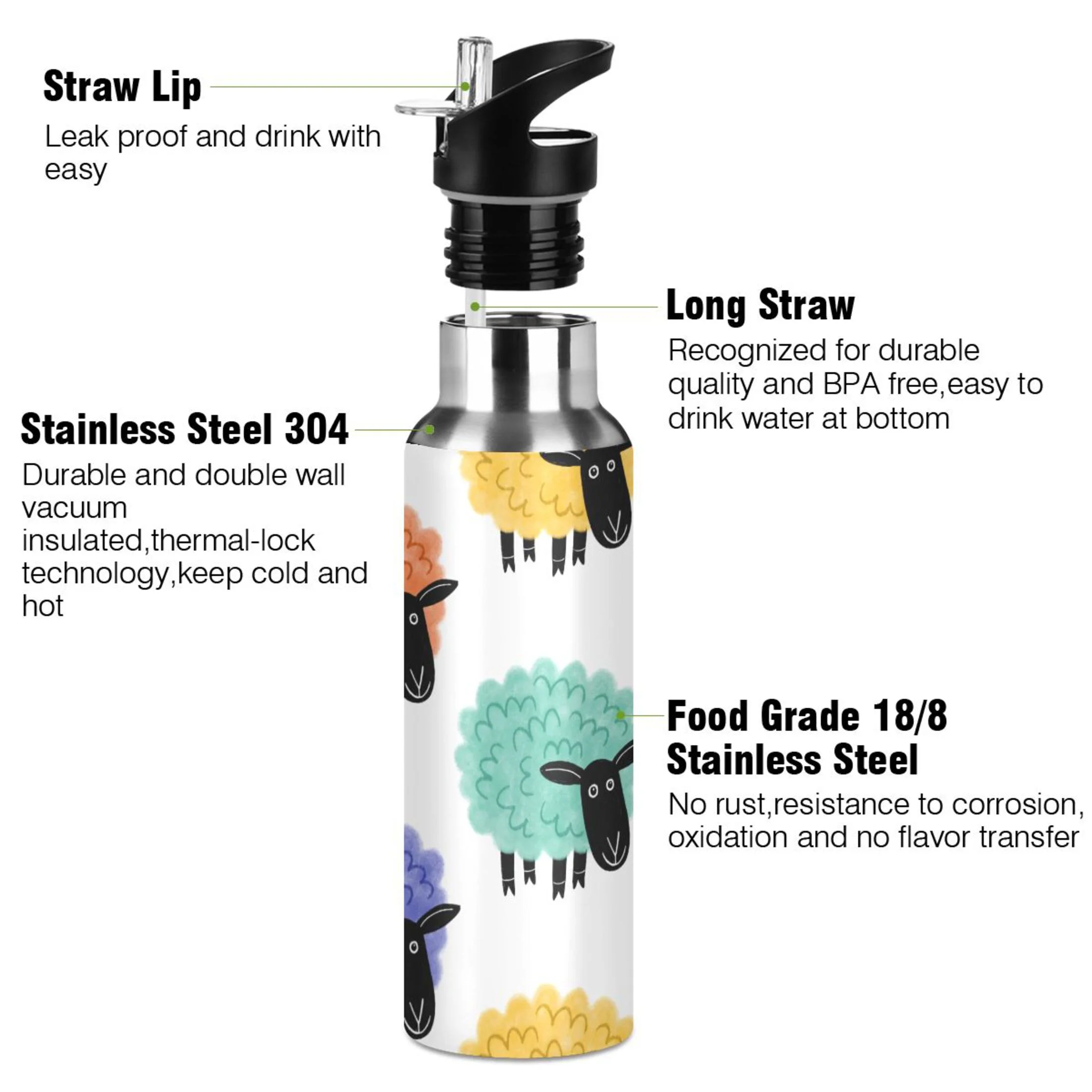 Water Bottle with Straw Lid Leak Cute Colorful Sheeps Stainless Steel Insulated Thermos Vacuum Flask for Cold Hot Drinking for Sports Camping Gym Yoga