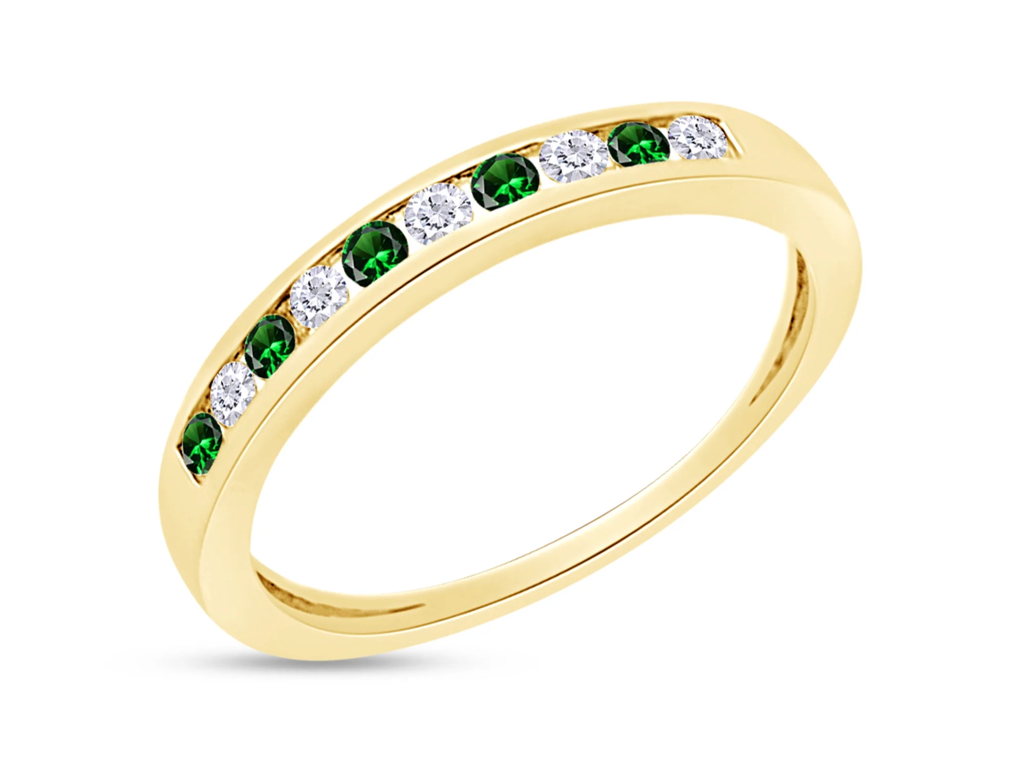 Round Cut Simulated Green Emerald And White Natural Diamond Stackable Wedding Band Ring In 14K Yellow Gold Over Sterling Silver (Clarity : I2-I3,Color : I-J, 0.27 Cttw) Ring Size-9
