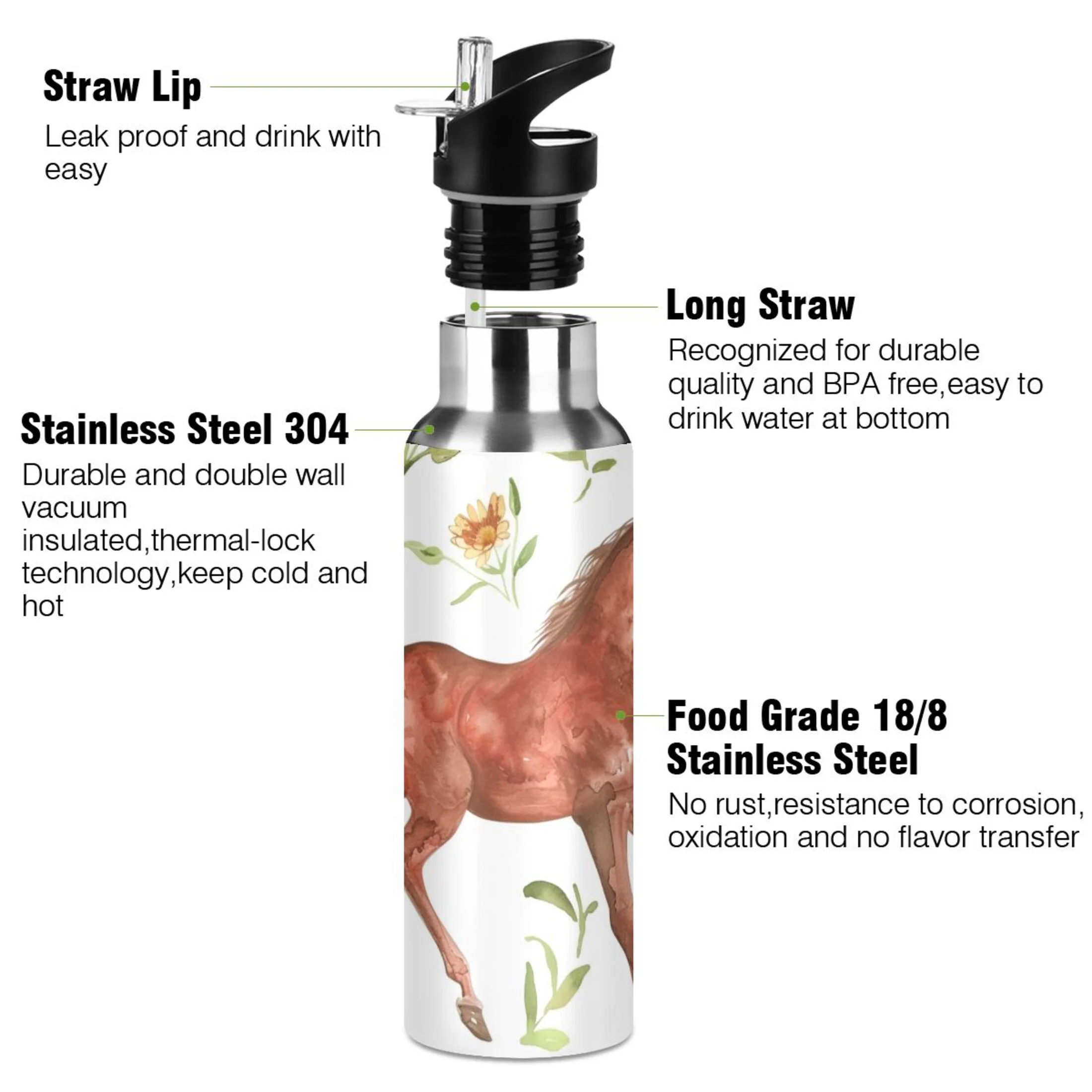 Horse and Leaves Water Bottles Insulated Thermos Kids Stainless Steel Bottle with Straw Lid Flask Leakproof for Sports Gym 20 oz