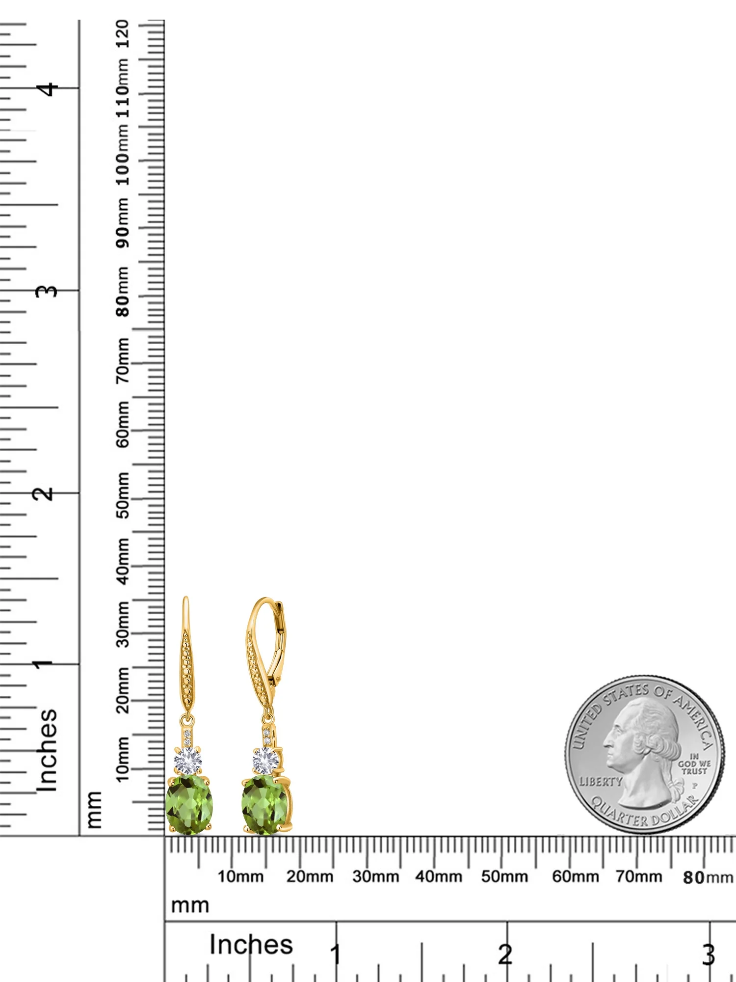 Gem Stone King 18K Yellow Gold Plated Silver Green Peridot and White Created Sapphire Dangle Earrings for Women with Lab Grown Diamond (4.73 Cttw, Oval 9X7MM)