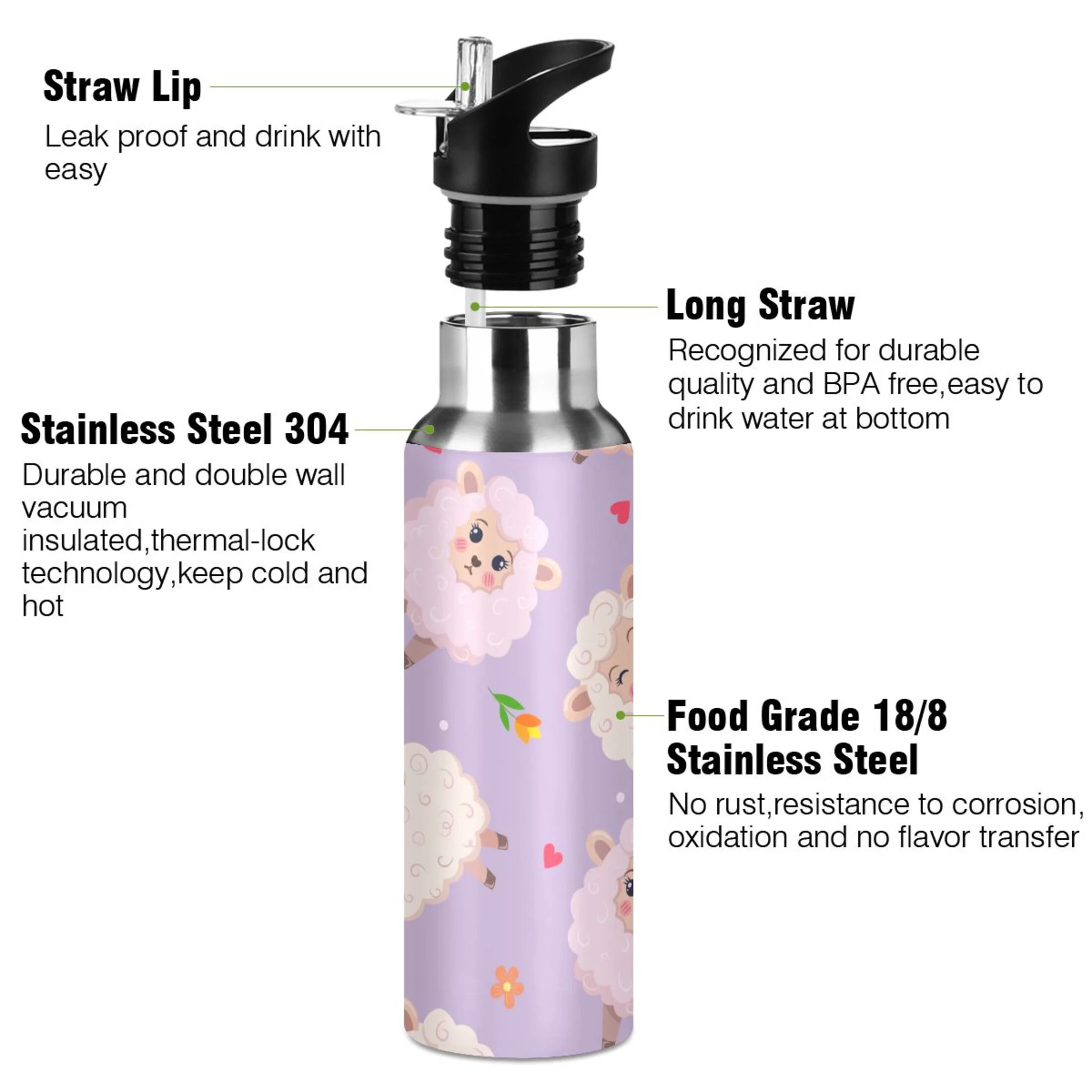 Water Bottle with Straw Lid Leak Cute Sheeps with Flowers Stainless Steel Insulated Thermos Vacuum Flask for Cold Hot Drinking for Sports Camping Gym Yoga