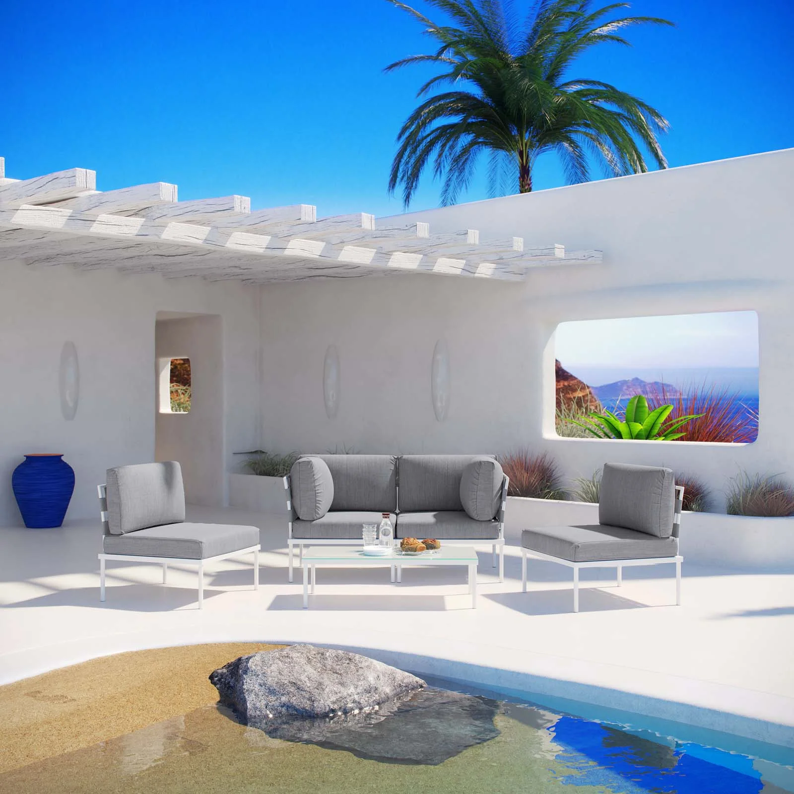 Modern Contemporary Urban Design Outdoor Patio Balcony Five PCS Sectional Sofa Set, Grey White Gray, Rattan