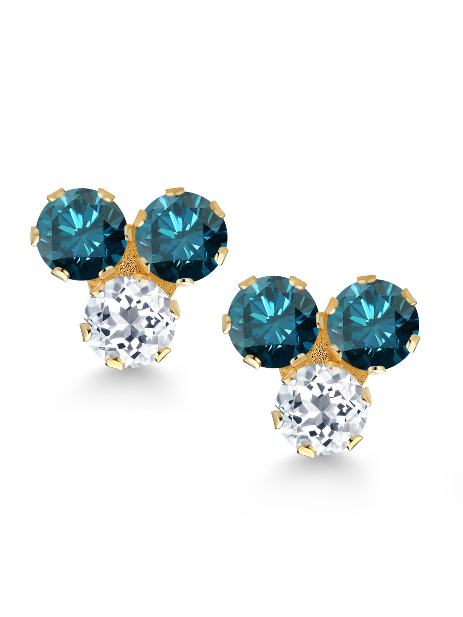 Gem Stone King 14K Yellow Gold Blue Diamond and White Topaz Three Stone Stud Earrings For Women (0.68 Cttw, Gemstone April Birthstone, Round 3MM)