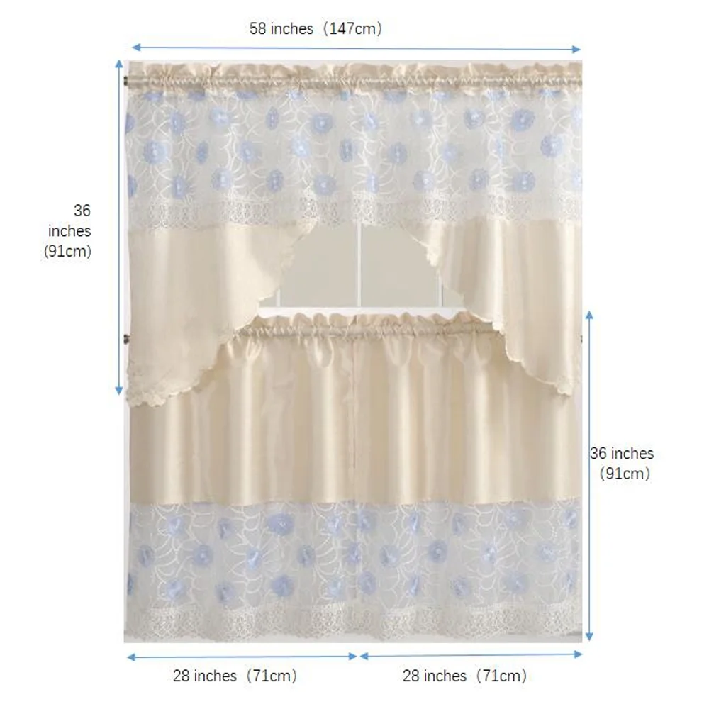 Floral Embroidered 3-Piece Kitchen Curtain Tiers & Swag Set, Beige color, 58x36 & 28x36 inches for daily life and holiday
