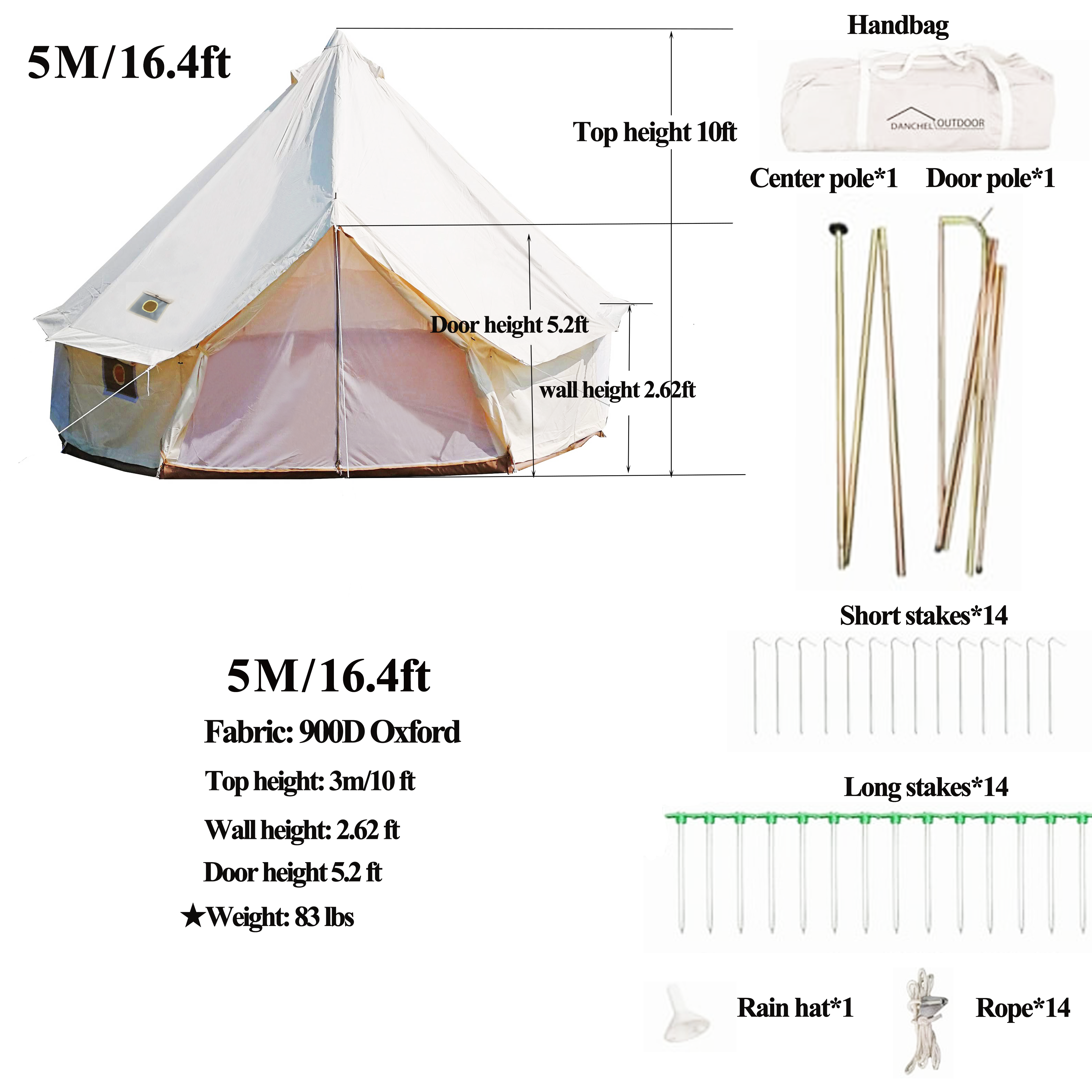 Outdoor Waterproof Oxford Bell Tent with 2 Stove Jacks for 4 Seasons Family Outdoor Camping with Removable Ground Mat (16.4ft)