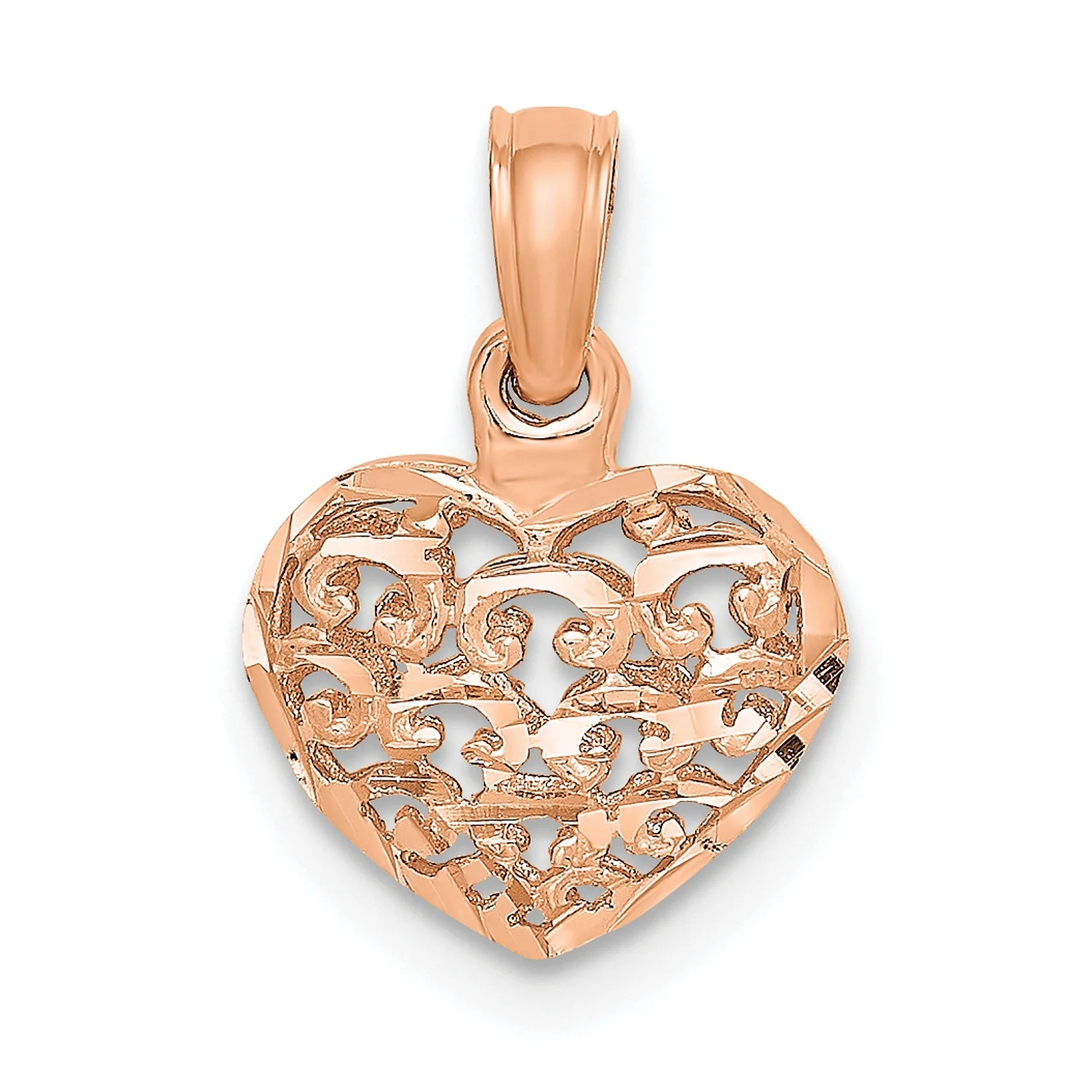 Carat in Karats 14K Rose Gold Polished 3-D Puffed Heart Pendant (12.8 mm x 10.4 mm) With 10K Yellow Gold Lightweight Rope Chain 18