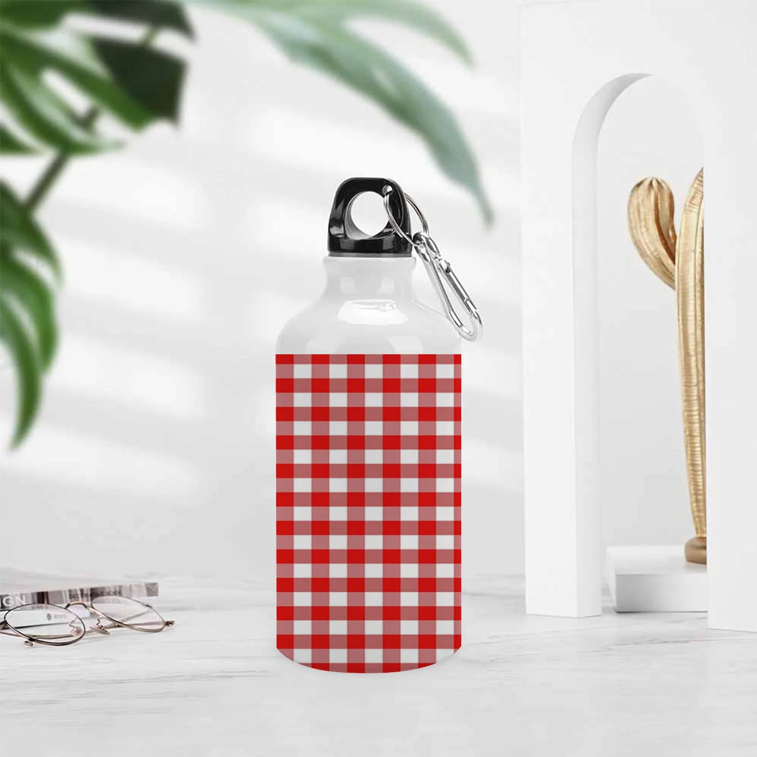 SKYSONIC 400ml Sport Aluminum Water Bottle,Red Gingham Tablecloth,Sport Multipack Leak Proof Easy Carry Travel Bottle with Twist Cap for Gym Hiking Camping Running Bike Outdoor