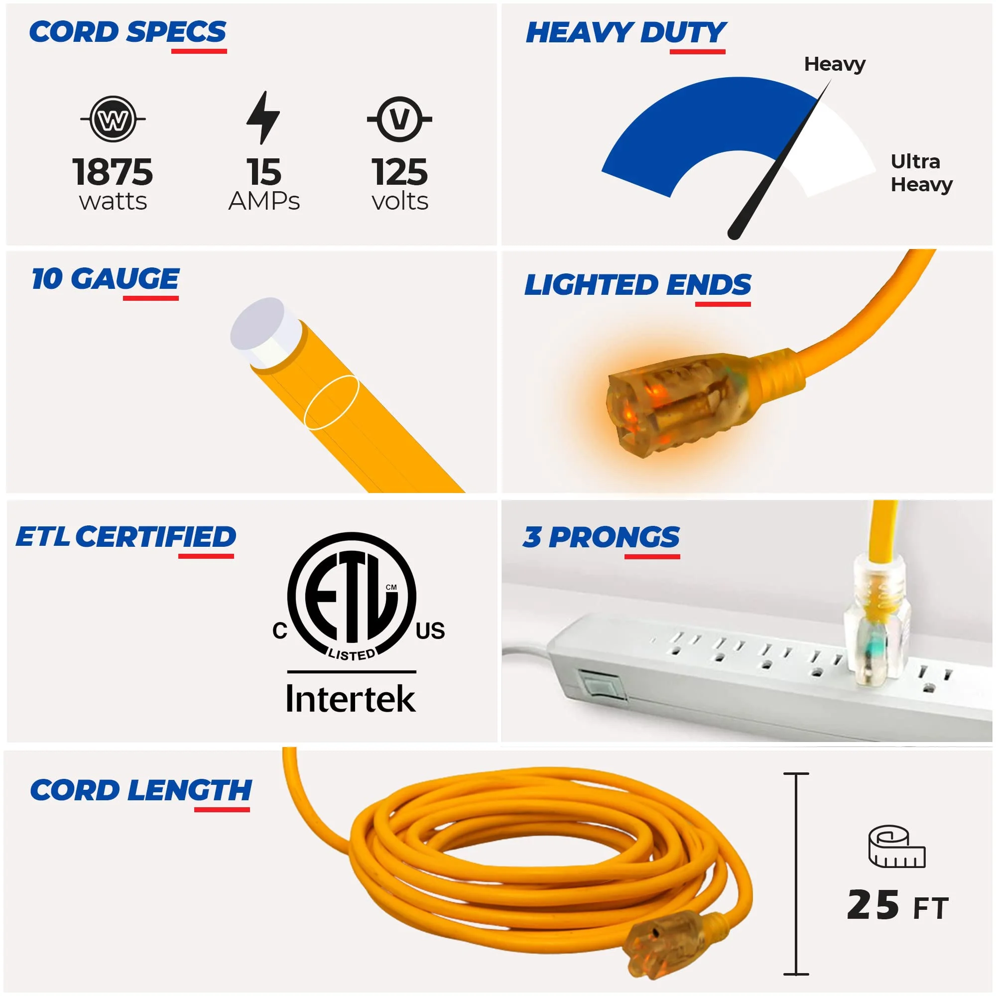 25 ft Power Extension Cord Outdoor & Indoor Heavy Duty 10 gauge/3 prong SJTW (Yellow) Lighted end Extra Durability 15 AMP 125 Volts 1875 Watts ETL listed by LifeSupplyUSA