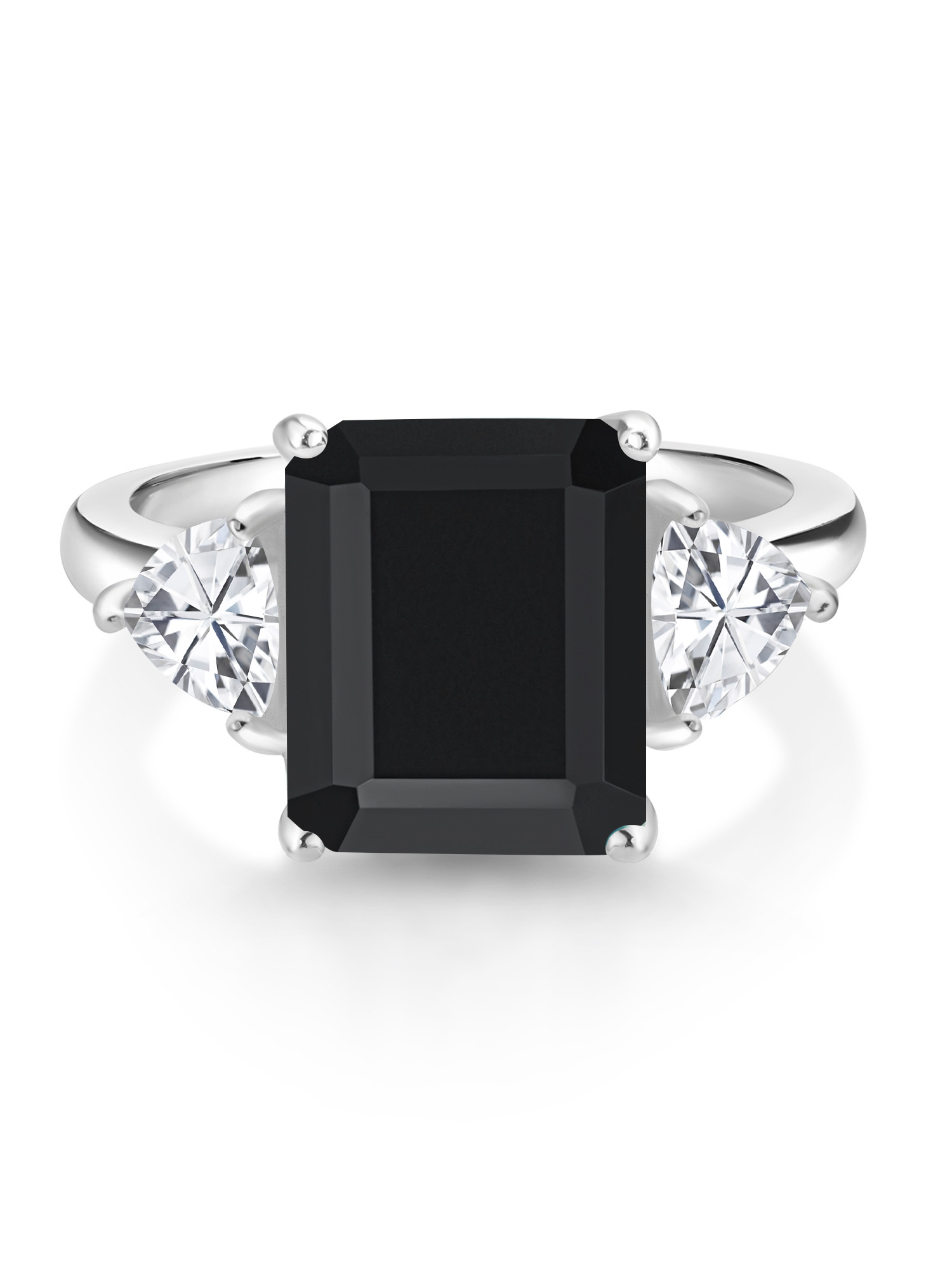Gem Stone King 925 Sterling Silver Black Onyx 3 Stone Ring For Women (7.31 Cttw, Octagon 12X10MM, Trillion 5X5MM, Gemstone December Birthstone, Size 7)