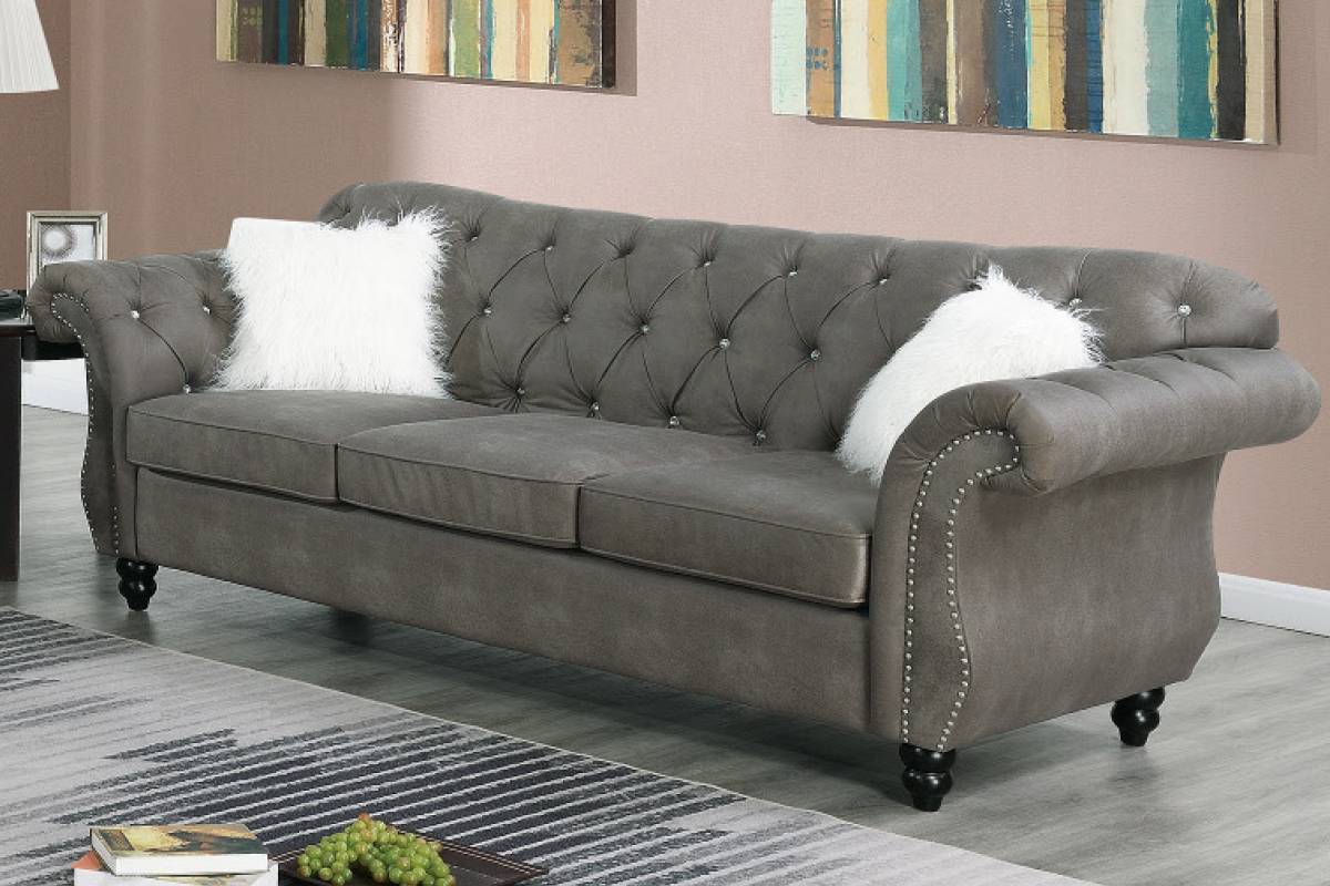 Formal Look Gorgeous Slate Grey Leatherette Rolled Arms Sofa and Loveseat 2pcs Sofa Set Living Room Plush Couch Nailheads