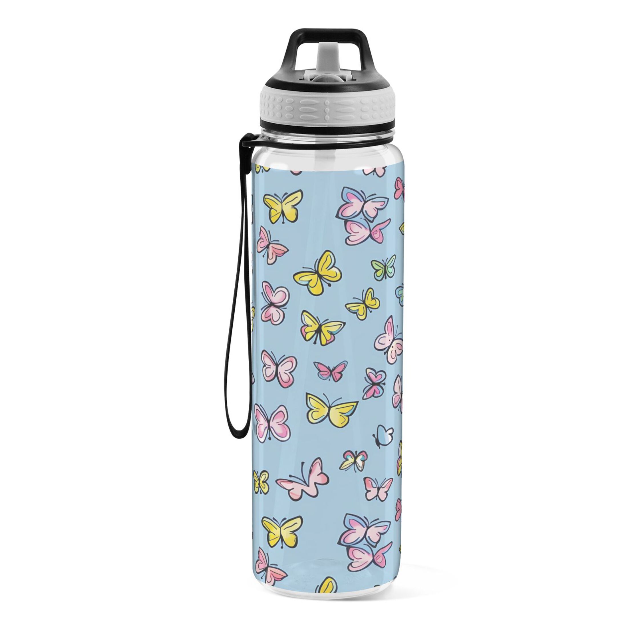Butterfly on Blue 32oz Sports Water Bottles Leakproof Tritan Bottle with Straw BPA Free Clear Bottle for Fitness Gym Outdoor Cycling
