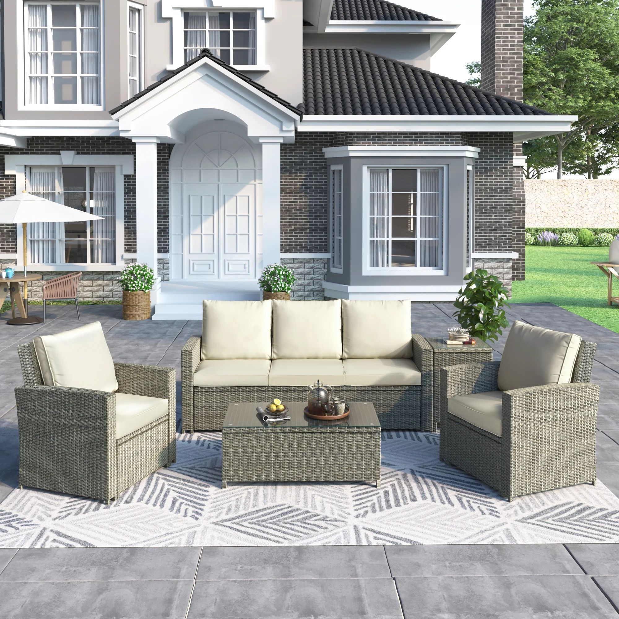 5 Piece Rattan Sectional Seating Group with Cushions and table, Patio Furniture Sets, Outdoor Wicker Sectional