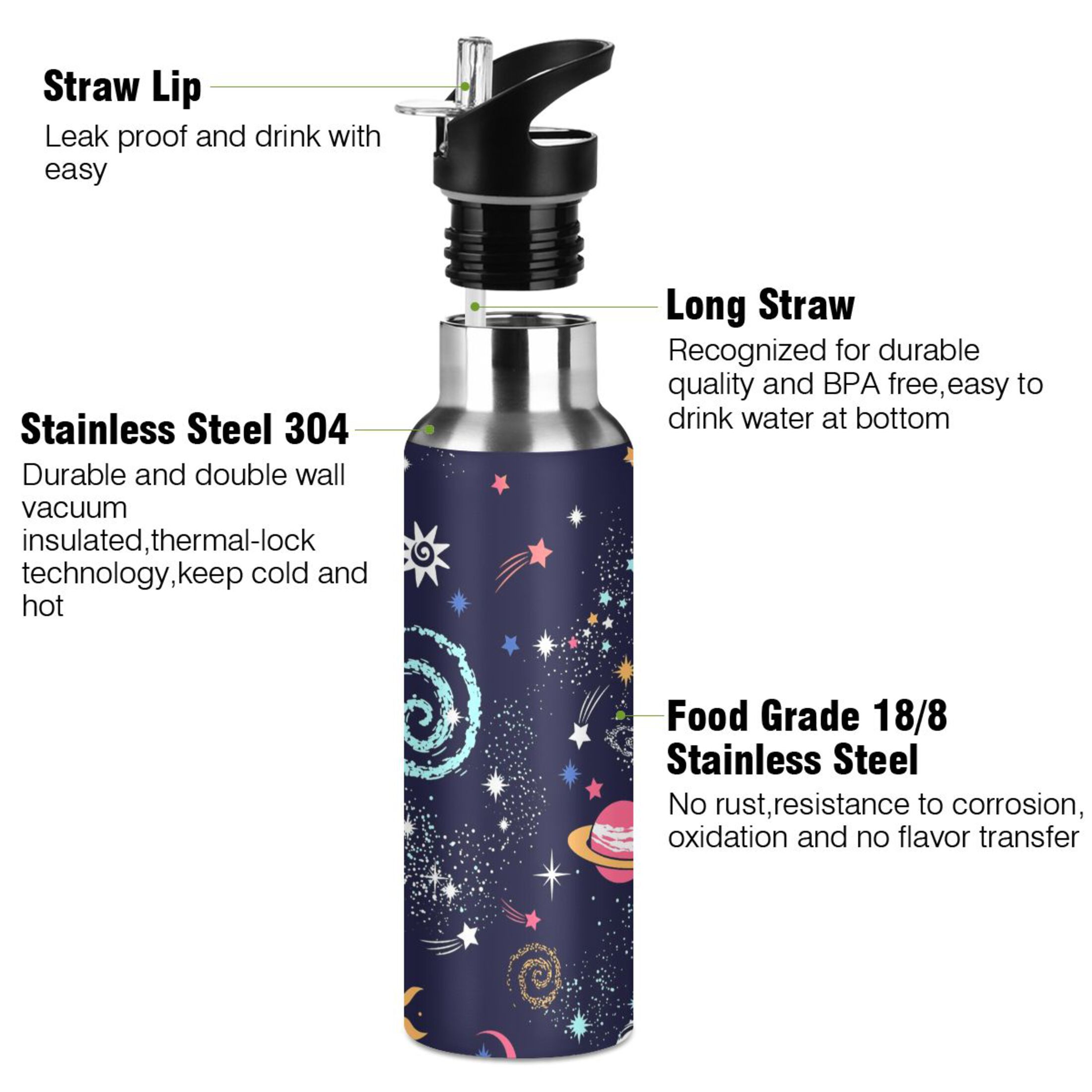 Water Bottle with Straw Lid Leak Space Galaxy Doodle Stainless Steel Insulated Thermos Vacuum Flask for Cold Hot Drinking for Sports Camping Gym Yoga