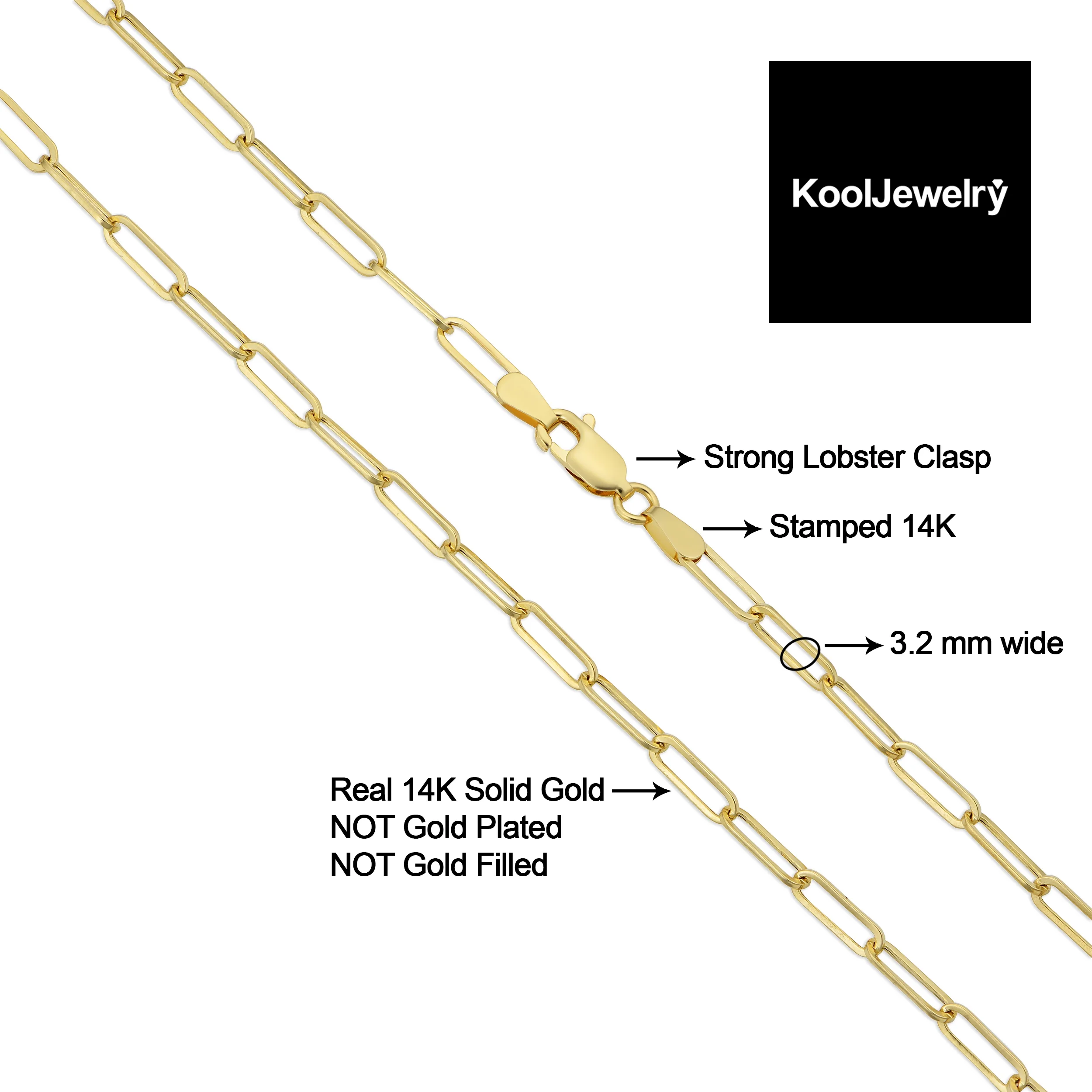 14k Yellow Gold Polished Paperclip Chain Nekclace for Men and Women (3.2 mm, 18 inch)