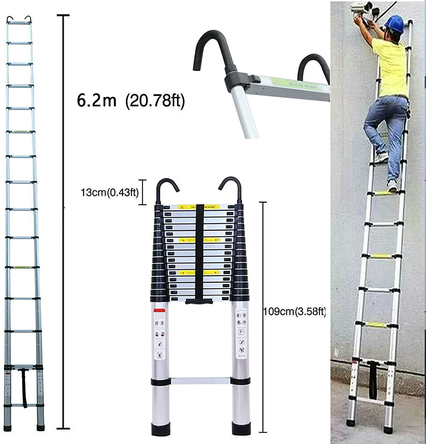 Telescopic Ladder 20.34 ft Extension Ladder with Detachable Hook Heavy Duty 6.2M Aluminum Multi-Ladder Button Retraction for Home Kitchen Household Daily Loft, 330lbs Max Capacity
