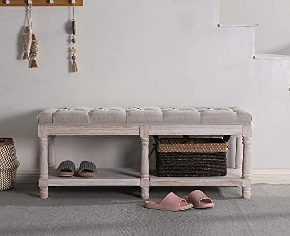 HOOMHIBIU Entryway Bench Tufted Shoe Rack Bench Black Wood Window Bench for Hallway Entrance Bedroom Corner  Beige