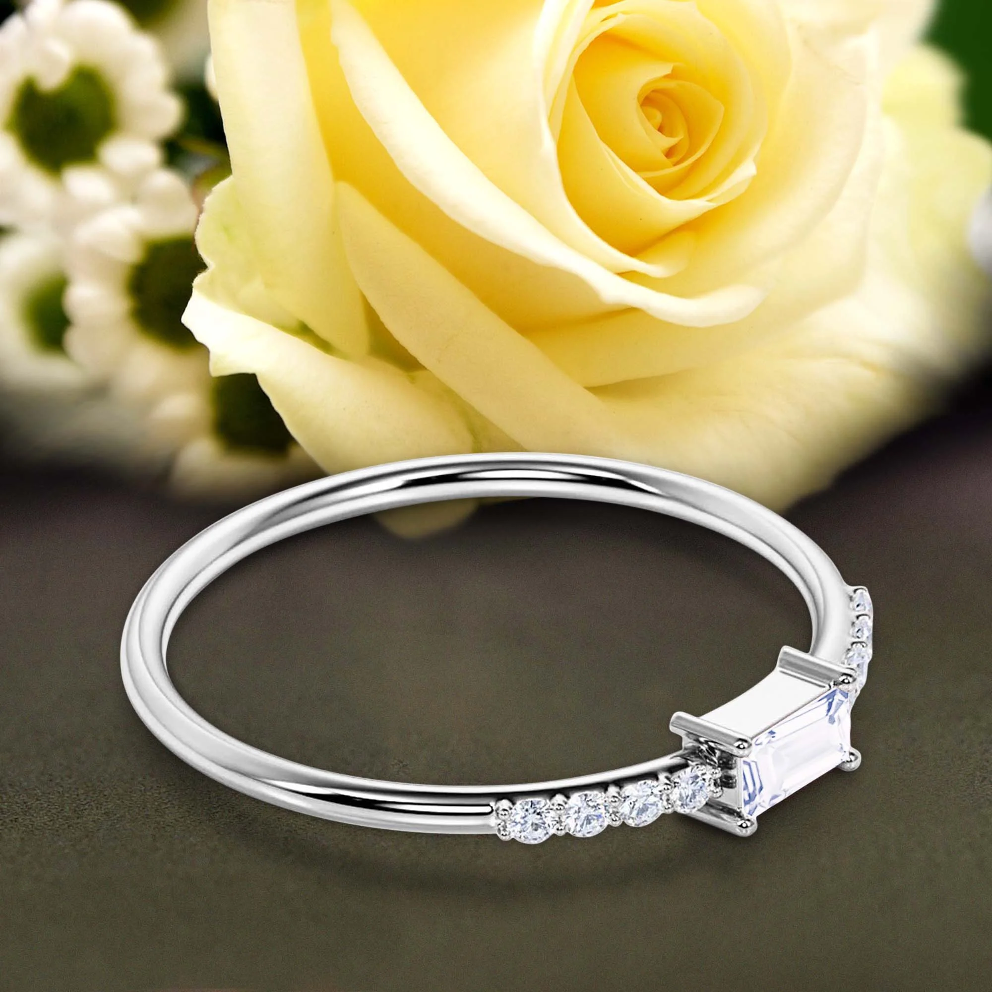 Art Deco Minimalist 0.75 Carat Emerald Cut Diamond Moissanite Engagement Ring, Wedding Ring in 10k Solid White Gold, Gift For Her, Promise Ring, Anniversary Gift, Minimal Design