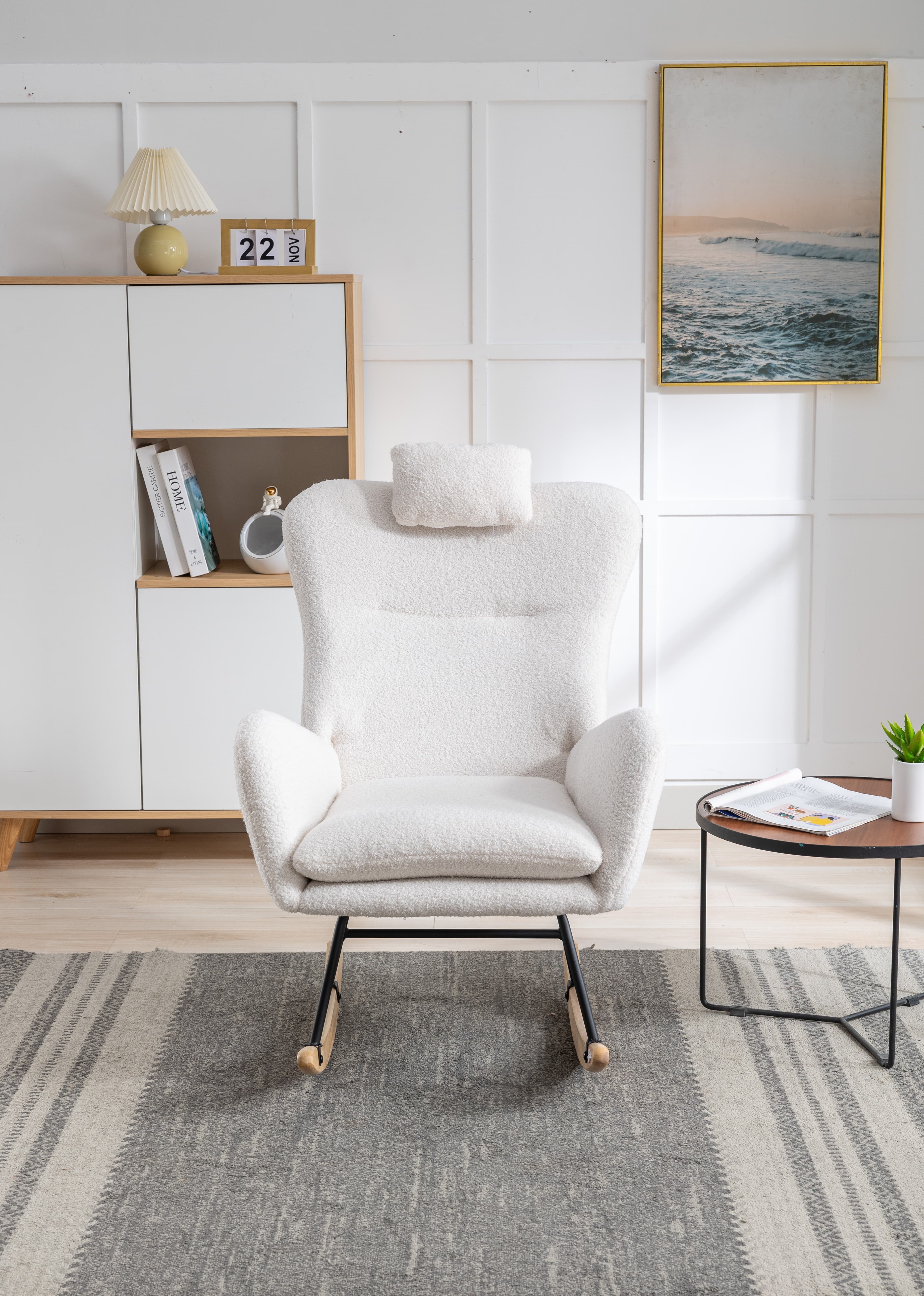 SogesPower 35.5in Rocking Chair, Soft Teddy Velvet Fabric Rocking Chair for Nursery, Comfy Wingback Glider Rocker with Safe Solid Wood Base- White