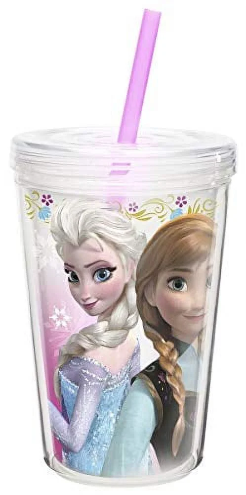 Zak! Designs Insulated Tumbler with Screw-on Lid and Straw featuring Elsa & Anna from Frozen