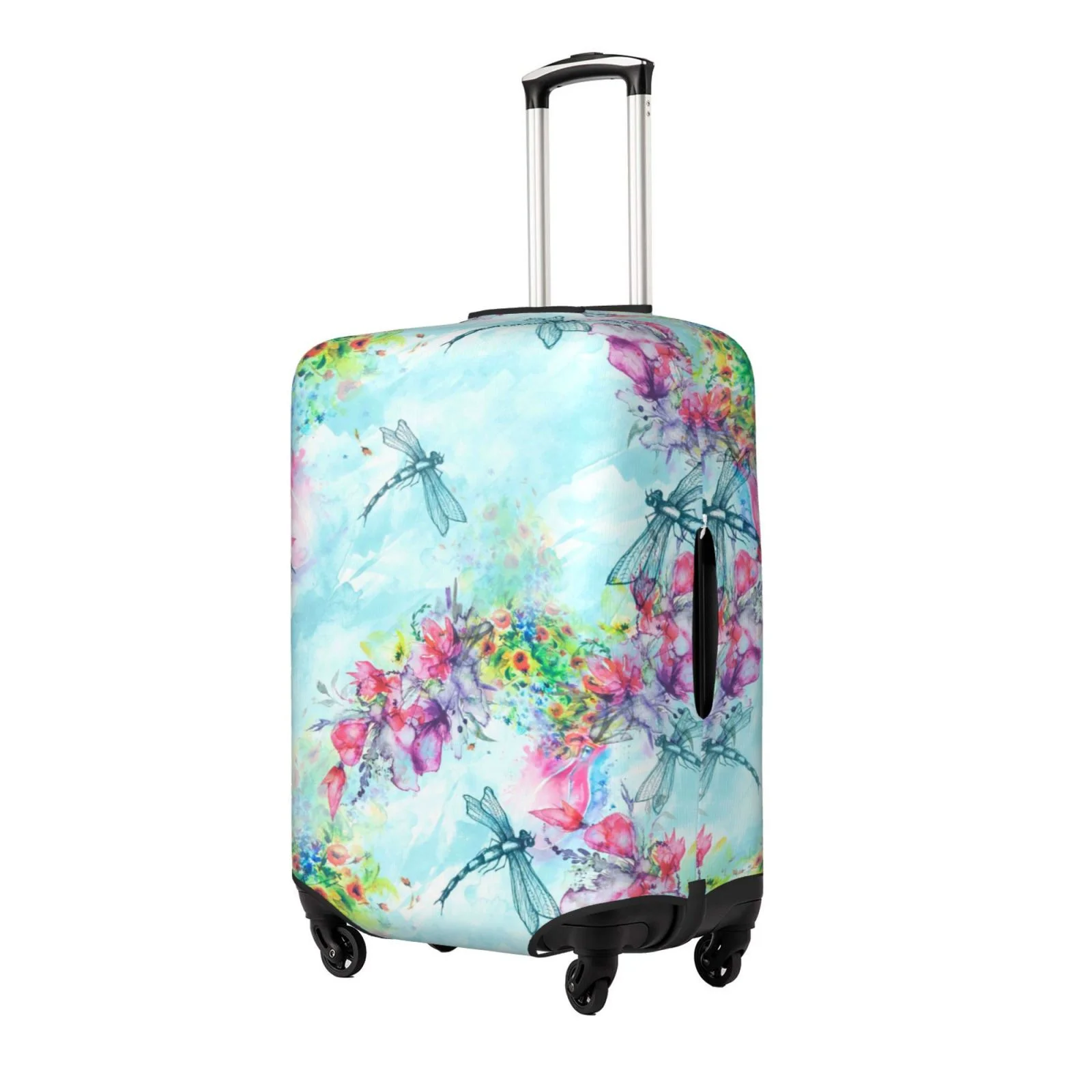Easygdp Dragonfly Floral Print Elastic and Washable Suitcase Protective Cover with Hidden Zipper Fits 18-32 inch Luggage -Large