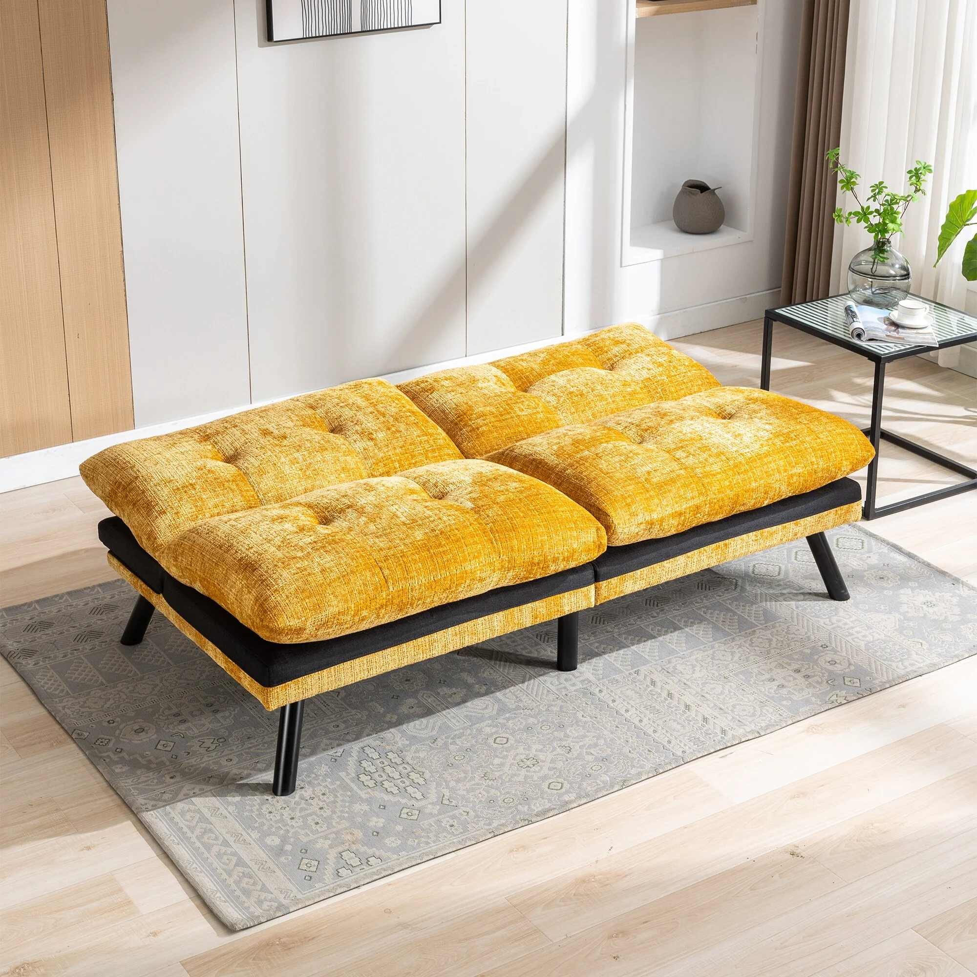 Yellow Chenille Convertible Futon Sofa Bed with Three Adjustable Positions