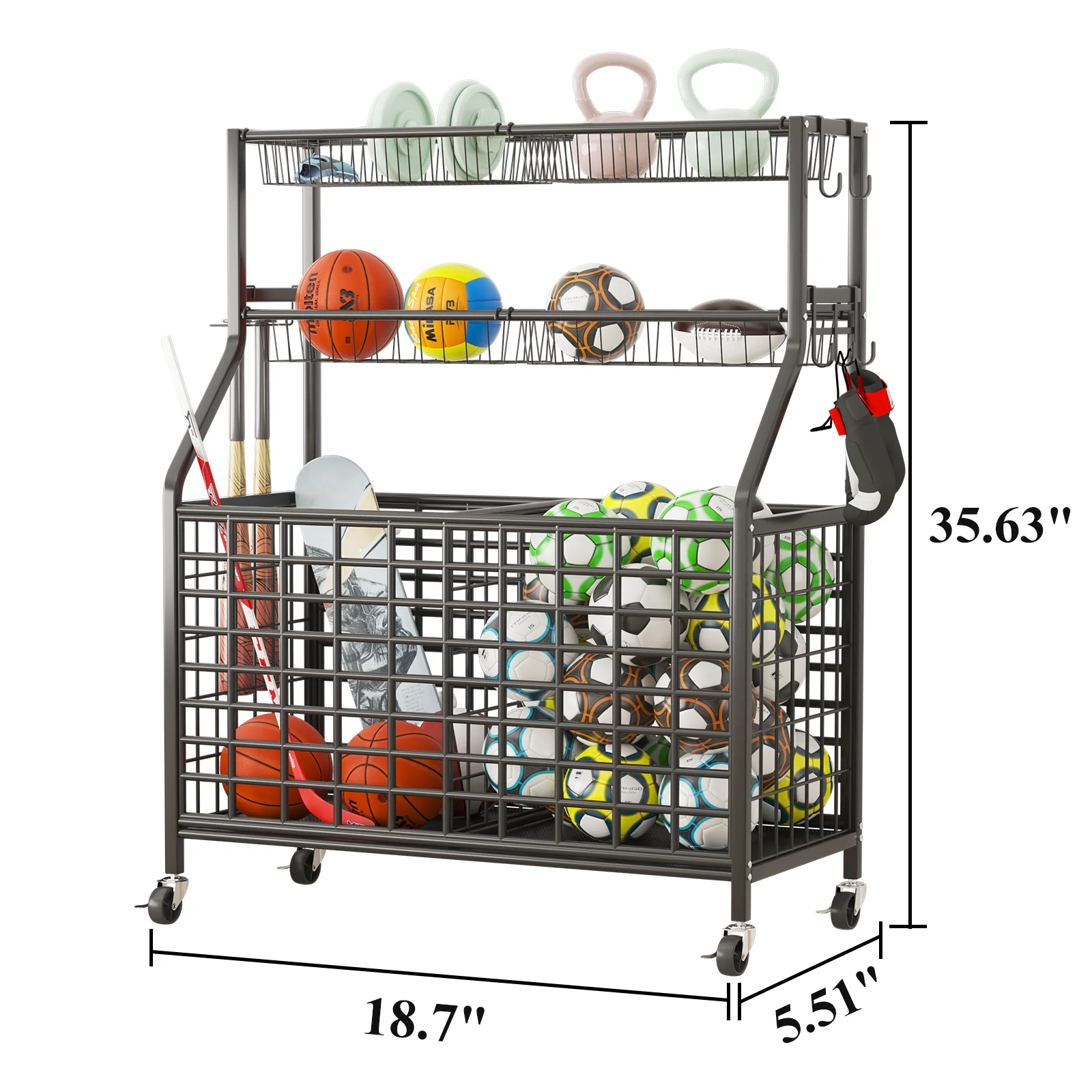 Wisdom Star Sports Equipment Organizer, Ball Organizer, Garage Organizer, Rolling Storage Cart, Black