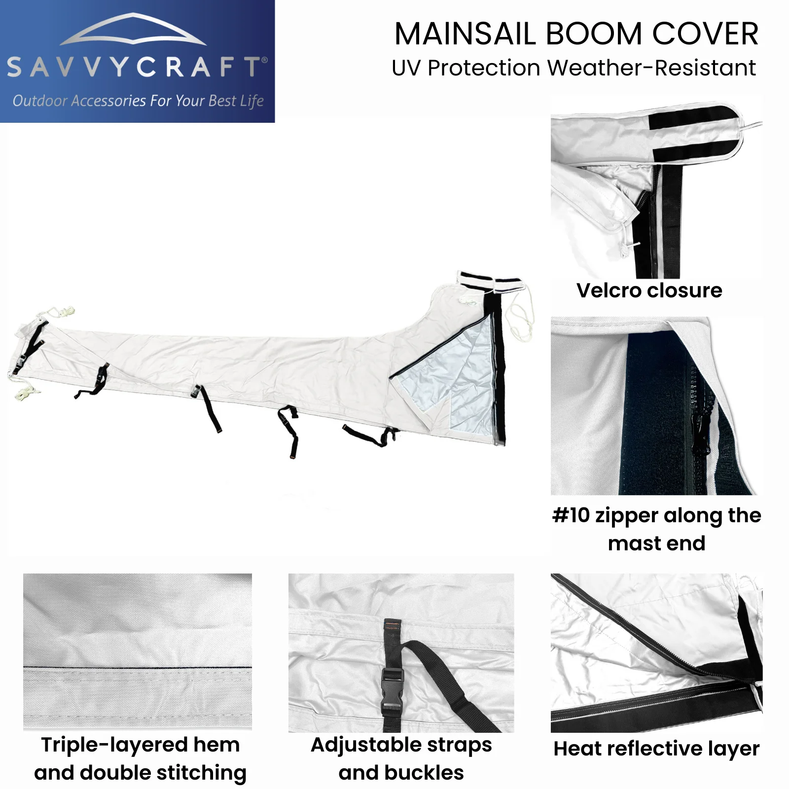 SavvyCraft Waterproof Mainsail Boom Cover, Heavy Duty 600D Sailboat Mainsail Cover UV protection Weather-Resistant, Boom Length 11'-12' White