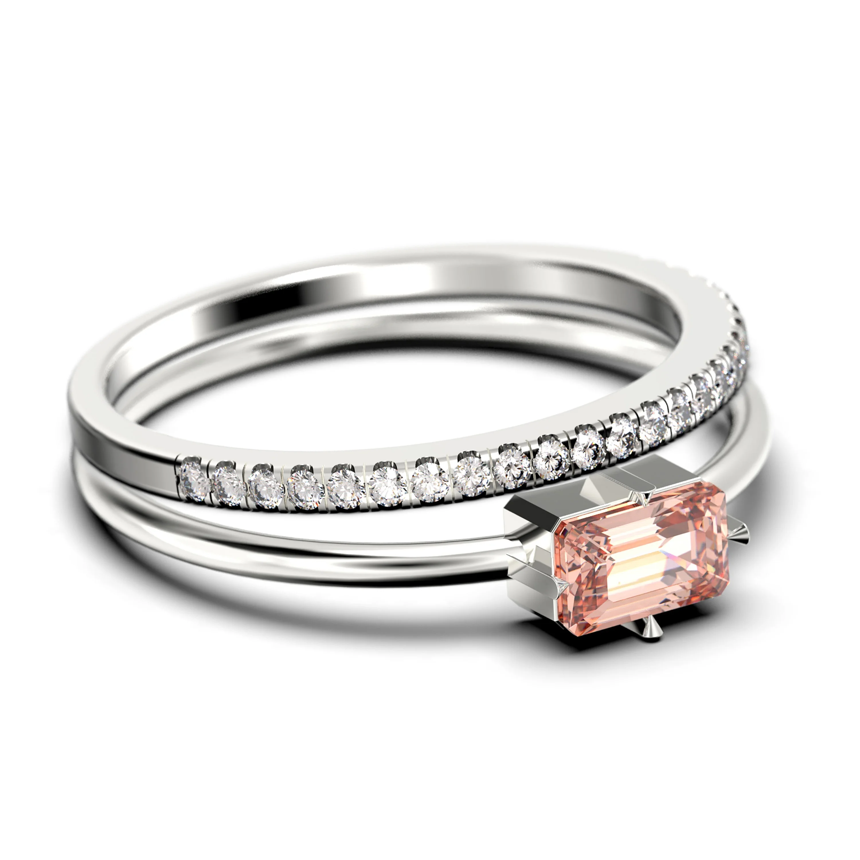 Beautiful Minimalist 1.20 Carat Baguette Cut Morganite And Diamond Moissanite Engagement Ring, Classic Wedding Ring in 925 Sterling Silver With 18k White Gold Plating, Bridal Set, Matching Band