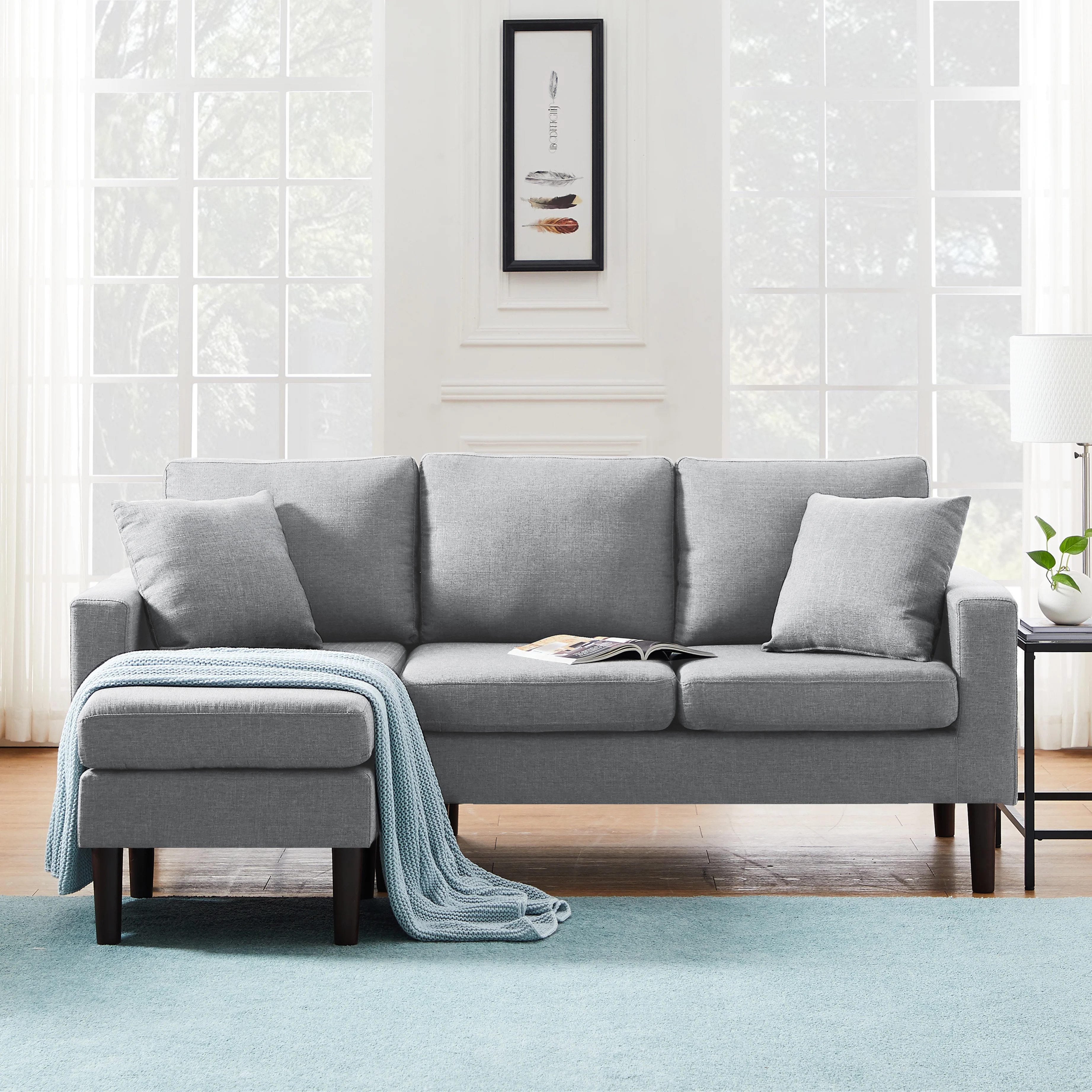 Modern Left Hand Facing Sectional Sofa Upholstered L Shape Chaise with 2 Pillows, Sectional Sofa Longer Lounger Chaise for Small Spaces in Light Grey