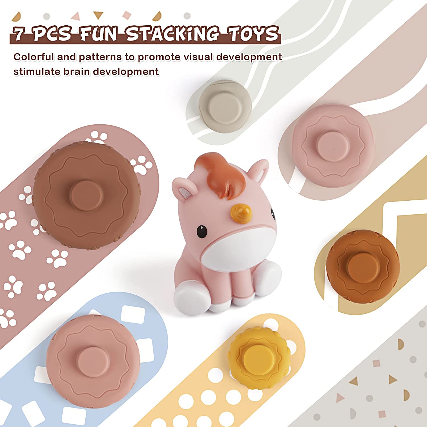 7 Pcs Stacking & Nesting Baby Toys, Squeeze Teething Baby Toys and Building Circle with Pink Horse Figure, Early Educational Shower Gifts for 6 12 18 Months Baby Toddler Boys Girls