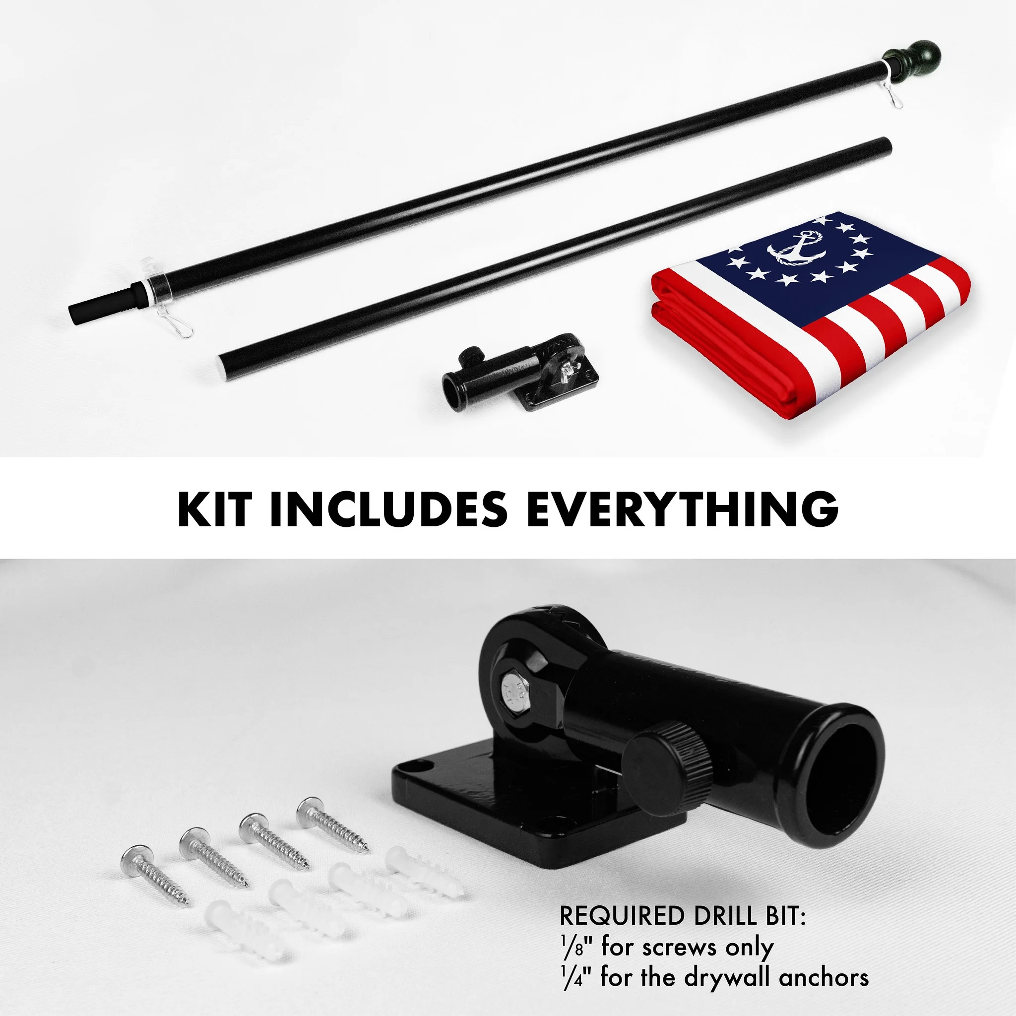 G128 Combo Pack: 6 Ft Tangle Free Aluminum Spinning Flagpole (Black) & American USA Yacht Ensign Flag 3x5 Ft, LiteWeave Pro Series Printed 150D Polyester | Pole with Flag Included