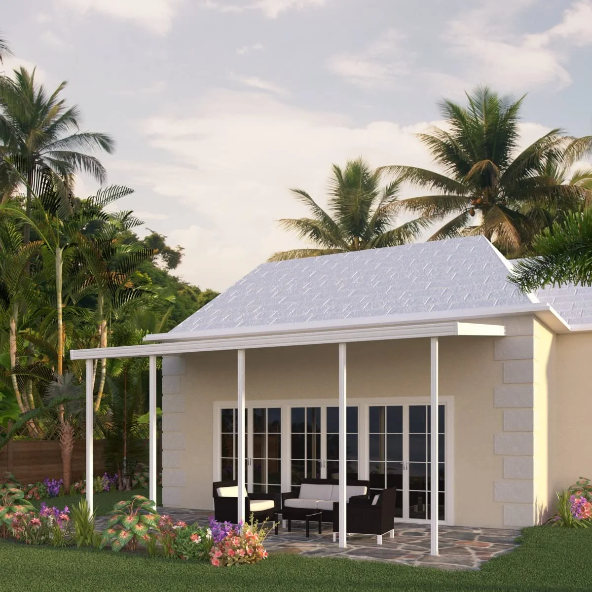 Four Seasons OLS TWV Series 30 ft wide x 12 ft deep Aluminum Patio Cover with 10lb Snowload & 5 Posts in White