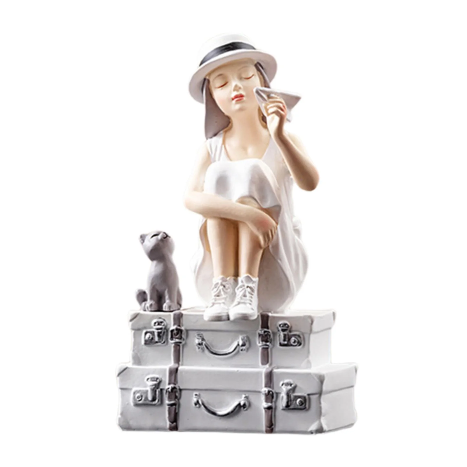Modern Girl Figurine Statue Girl Art Sculpture Desktop Ornament for Table Decoration , Sitting on Suitacase