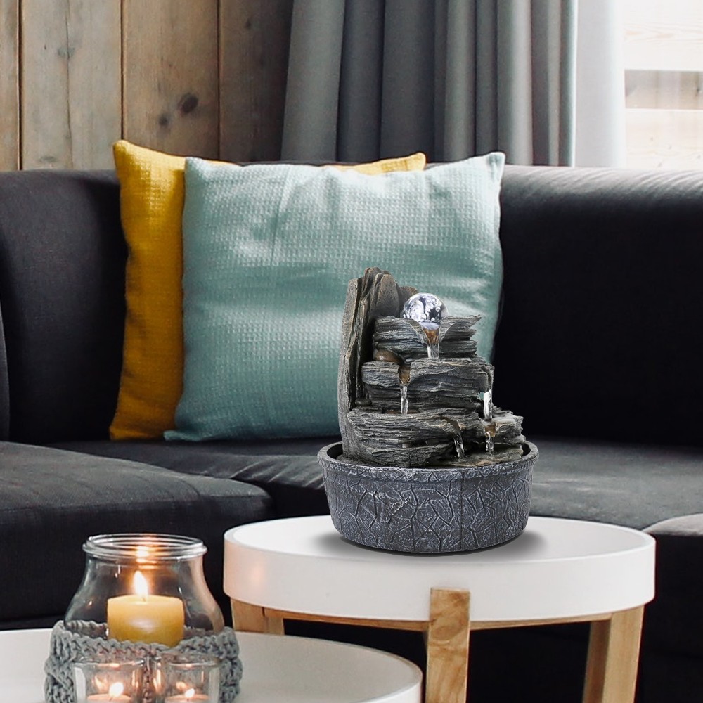 Willwolf 9.8'' Tabletop Water Fountain with LED Light / Ball, 4-Tiered Indoor Waterfall for Home Office, Electric Resin Fountain