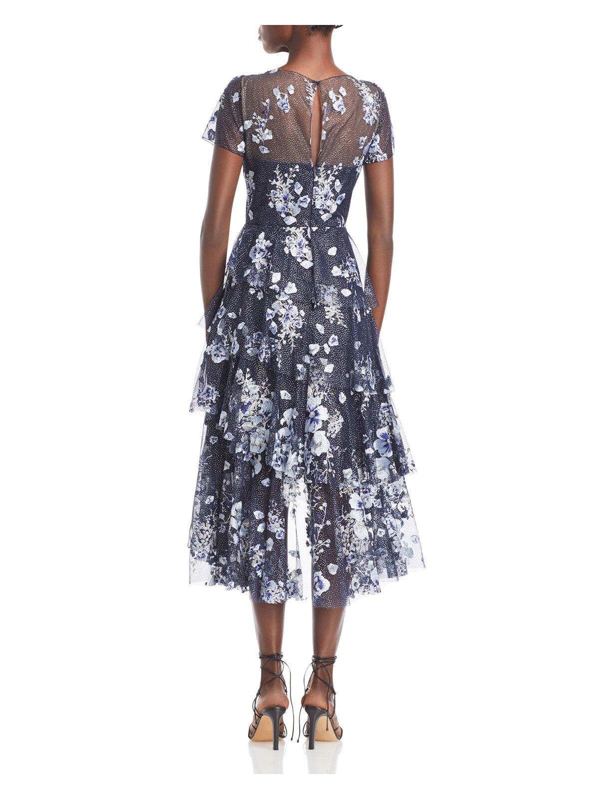 MARCHESA NOTTE Womens Navy Embroidered Zippered Ruffled Glitter Mesh Floral Short Sleeve Illusion Neckline Midi Cocktail Hi-Lo Dress 14