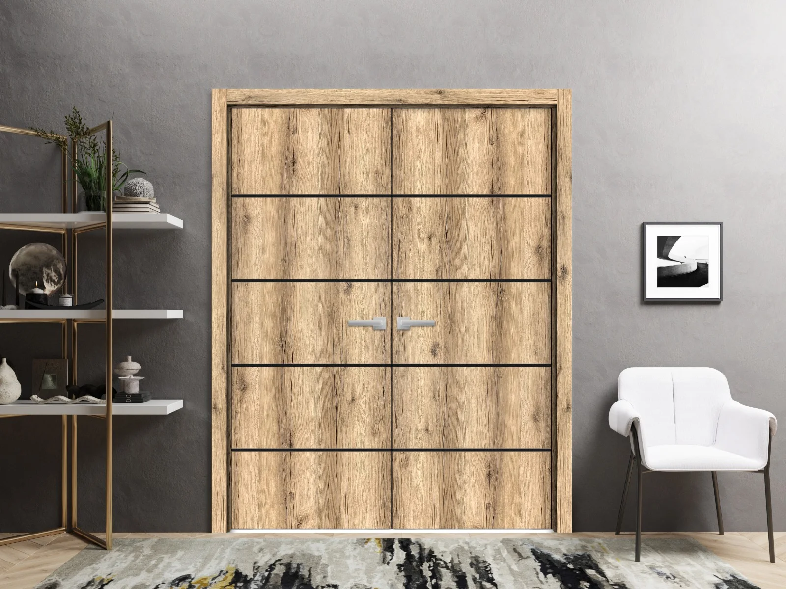 Solid French Double Doors 48 x 80 inches | Planum 0015 Oak with Frosted Glass | Wood Solid Panel Frame Trims | Closet Bedroom Sturdy Doors