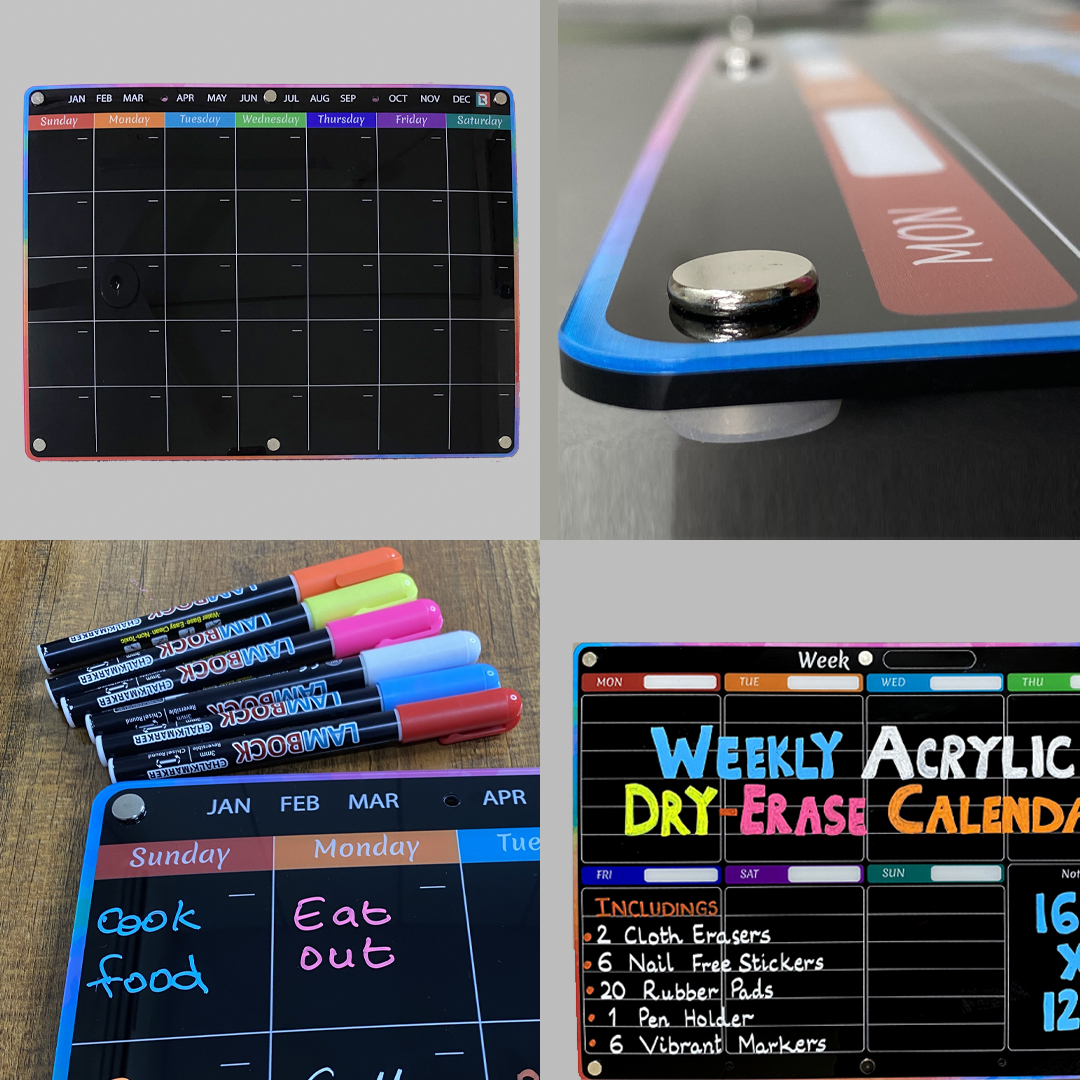2PCS Black Acrylic Calendar for Fridge, (16.5x12.5'') for Straight and Curved Refrigerators- Magnetic Dry Erase Chalkboard Calendars Set | Monthly Weekly Magnetic Calendars for Fridge