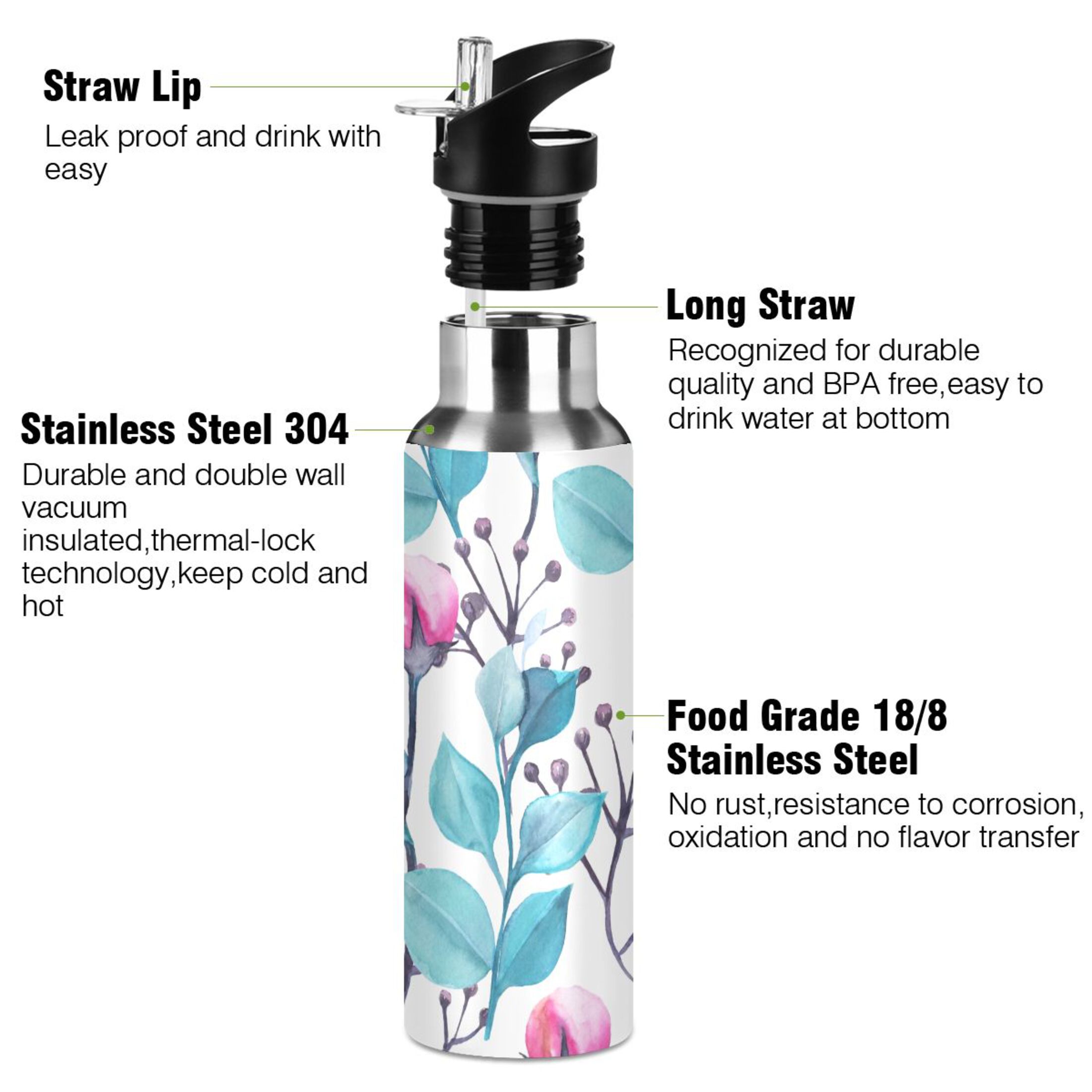 Flowers and Leaves Green Water Bottles Insulated Thermos Kids Stainless Steel Bottle with Straw Lid Flask Leakproof for Sports Gym 20 oz