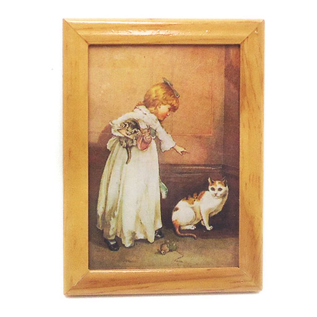 Cieken 1:12 Doll House Miniature Painted Wooden Frame Mural Accessories Girl And Cat