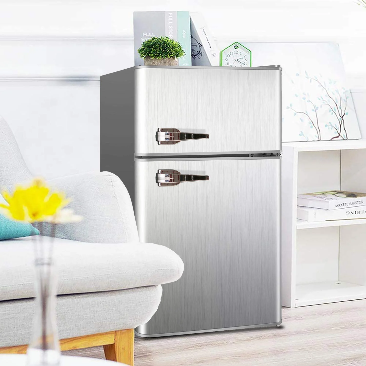 3.2 Cu.ft Compact Refrigerator Double Door Mini Fridge with Top Door and Removable Glass Shelves, Beverage and Food Storage Cooler for Office, Dormitory, Home or Apartment (Silver)