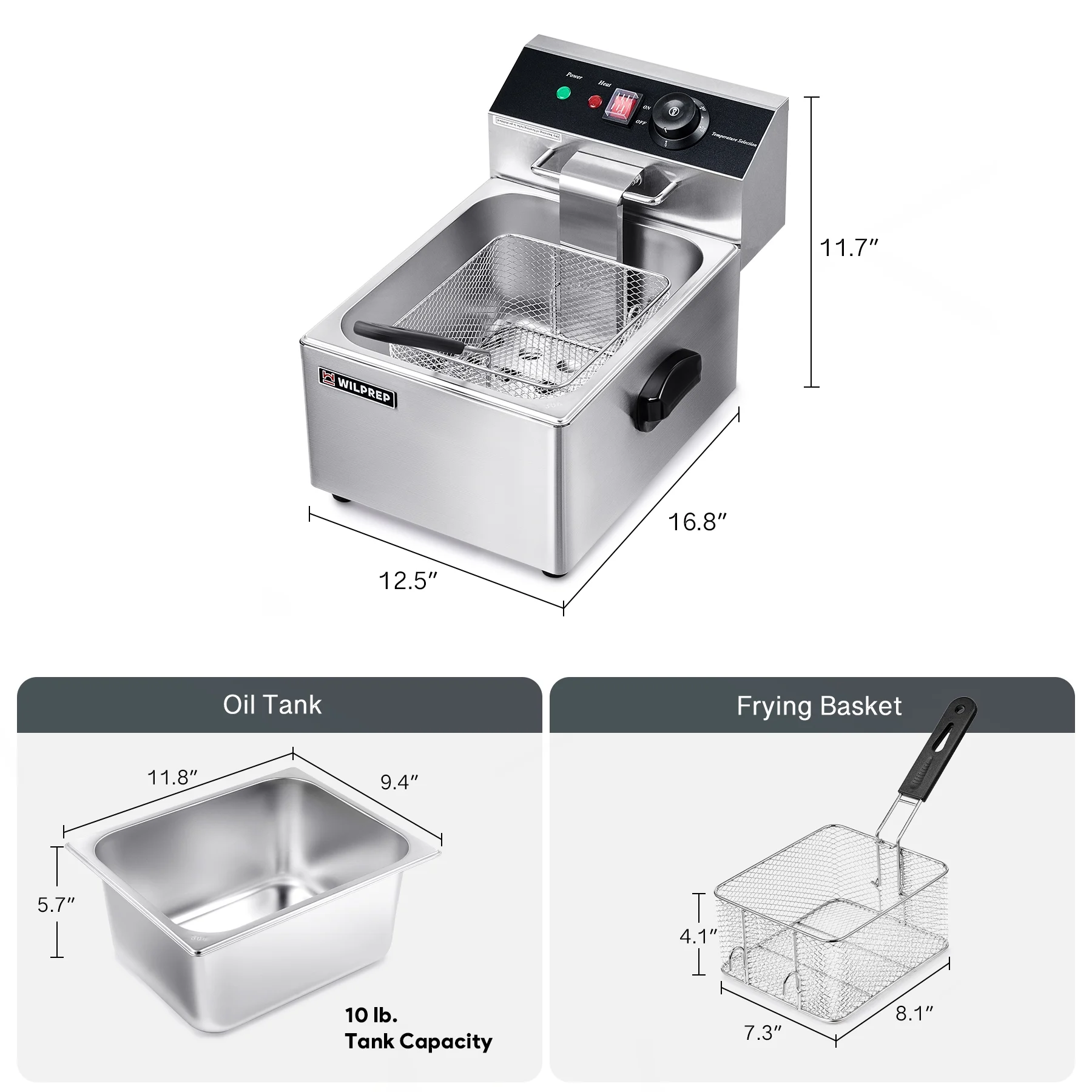 WILPREP Commercial 10lb.1600W Professional Electric Countertop Deep Fryer, ETL Listed Electric Oil Fryer with Removable Tank for Restaurant
