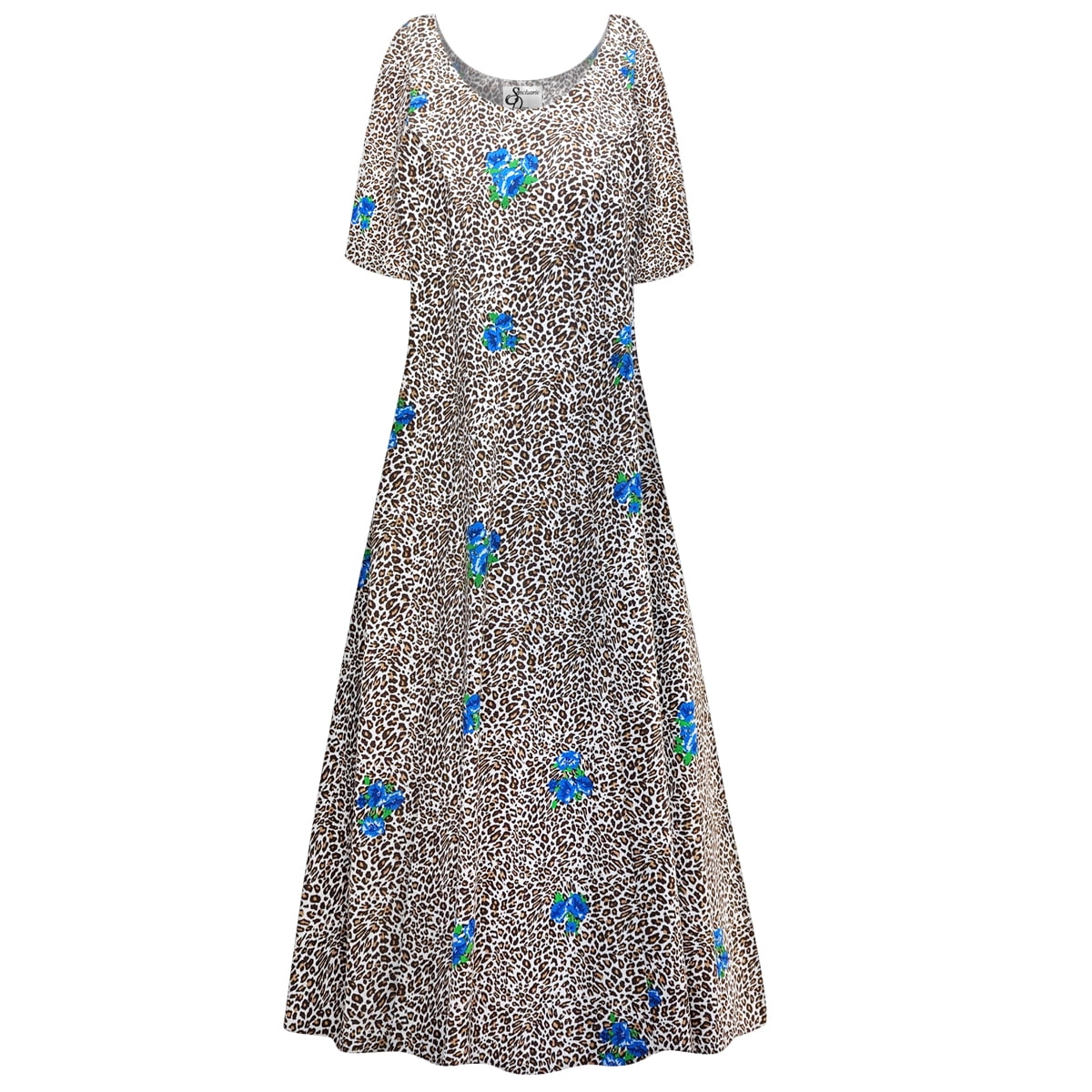 Small Womens Dress Cheetah Hydrangea Designer Print Short Sleeve Princess Cut