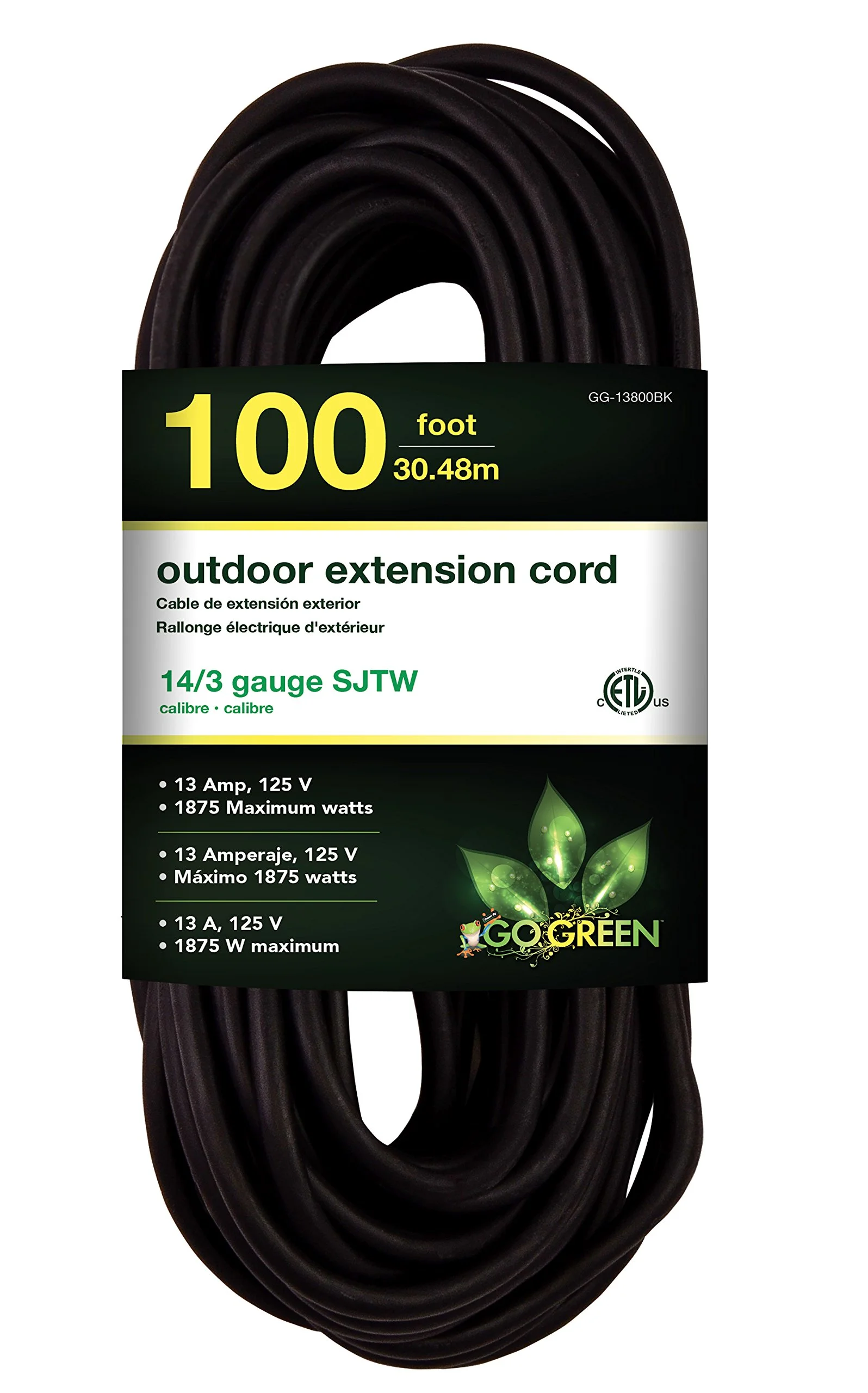 GoGreen Power (GG-13800BK) 14/3 100’ SJTW Outdoor Extension Cord, Black, 100 Ft