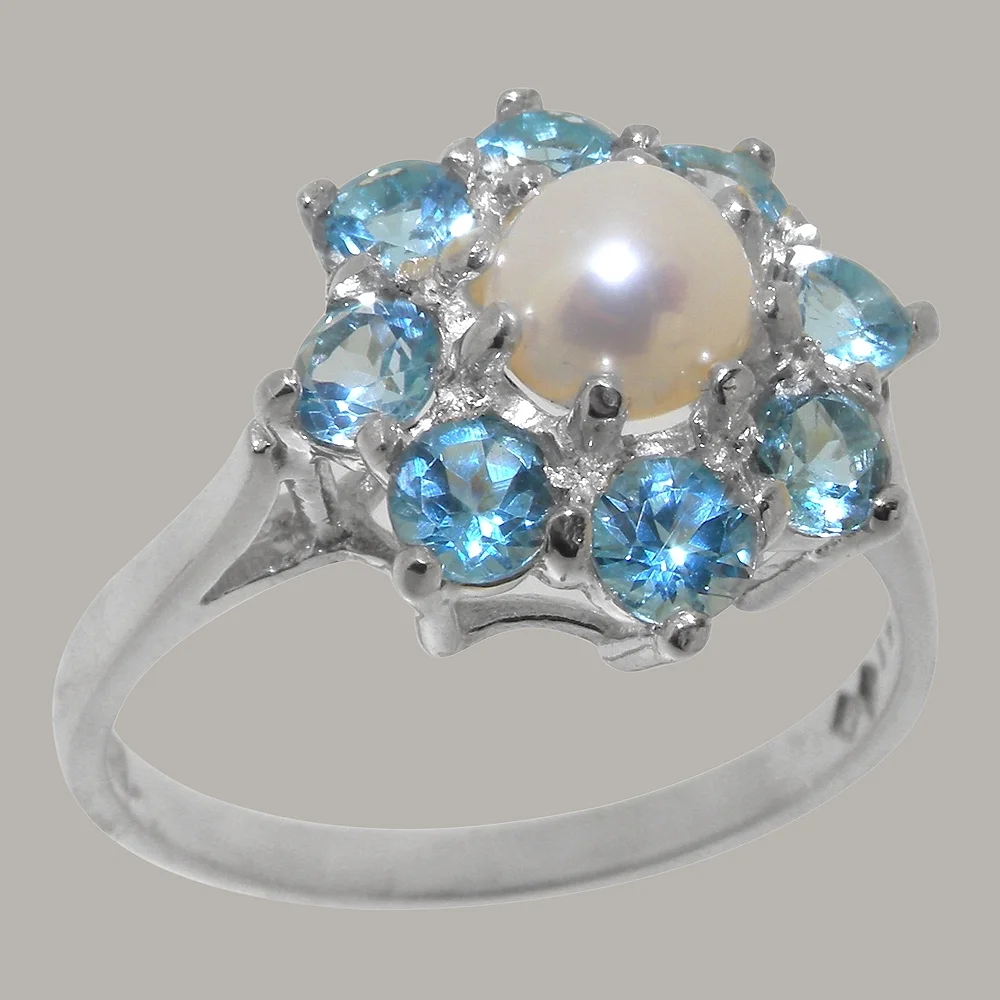 LBG British Made 10k White Gold Cultured Pearl & Blue Topaz Womens Statement Ring - 33 size options - Size 10