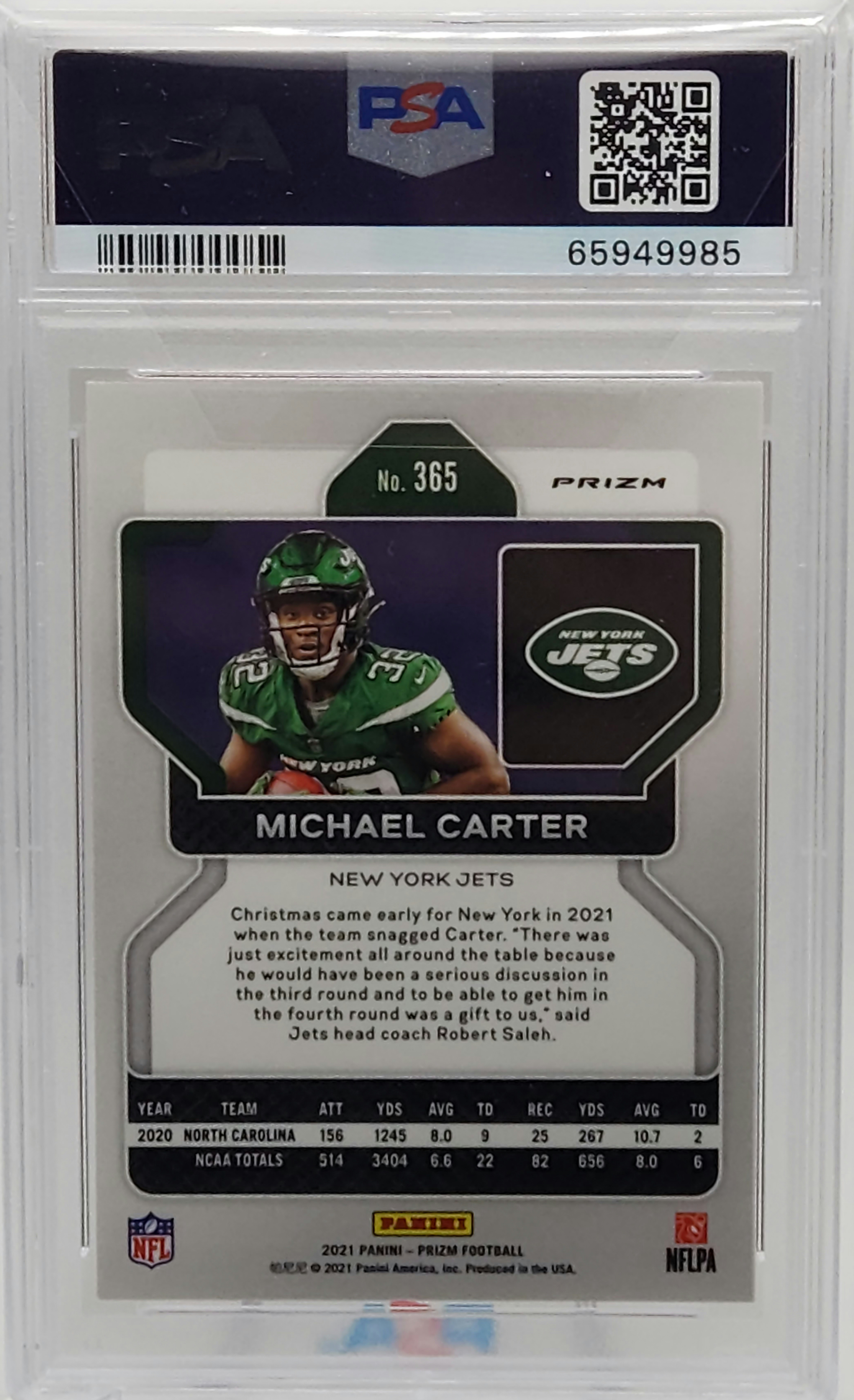 Michael Carter New York Jets 2021 Panini Prizm Lazer Rookie Card #365 PSA 10