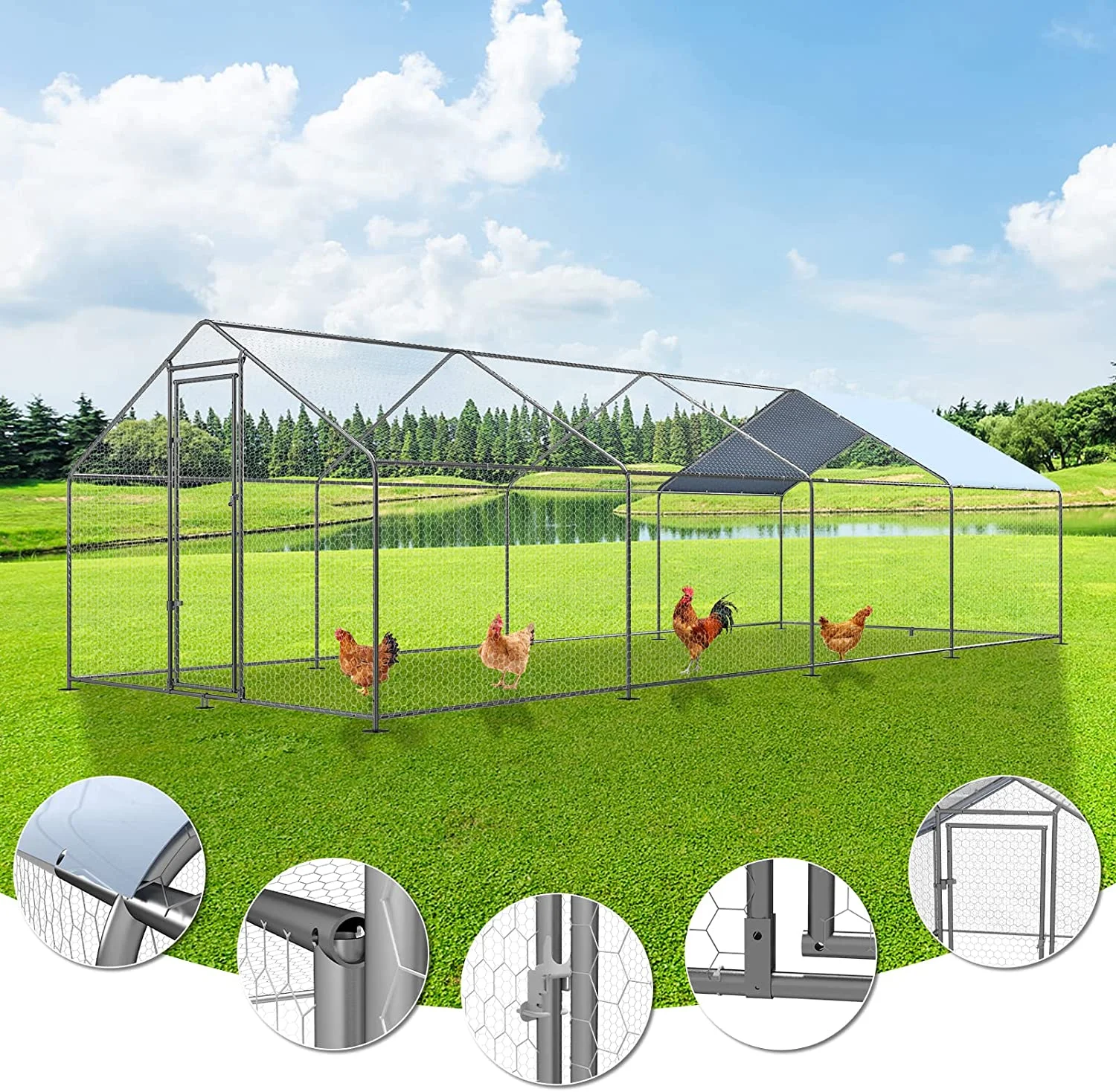 Petony Chicken Coop Outdoor Walk-in Poultry Cage Large Metal Pen Hen Run House Spire Shaped Cage with Waterproof Anti-Ultraviolet Cover,for Backyard Farm Rabbits Duck